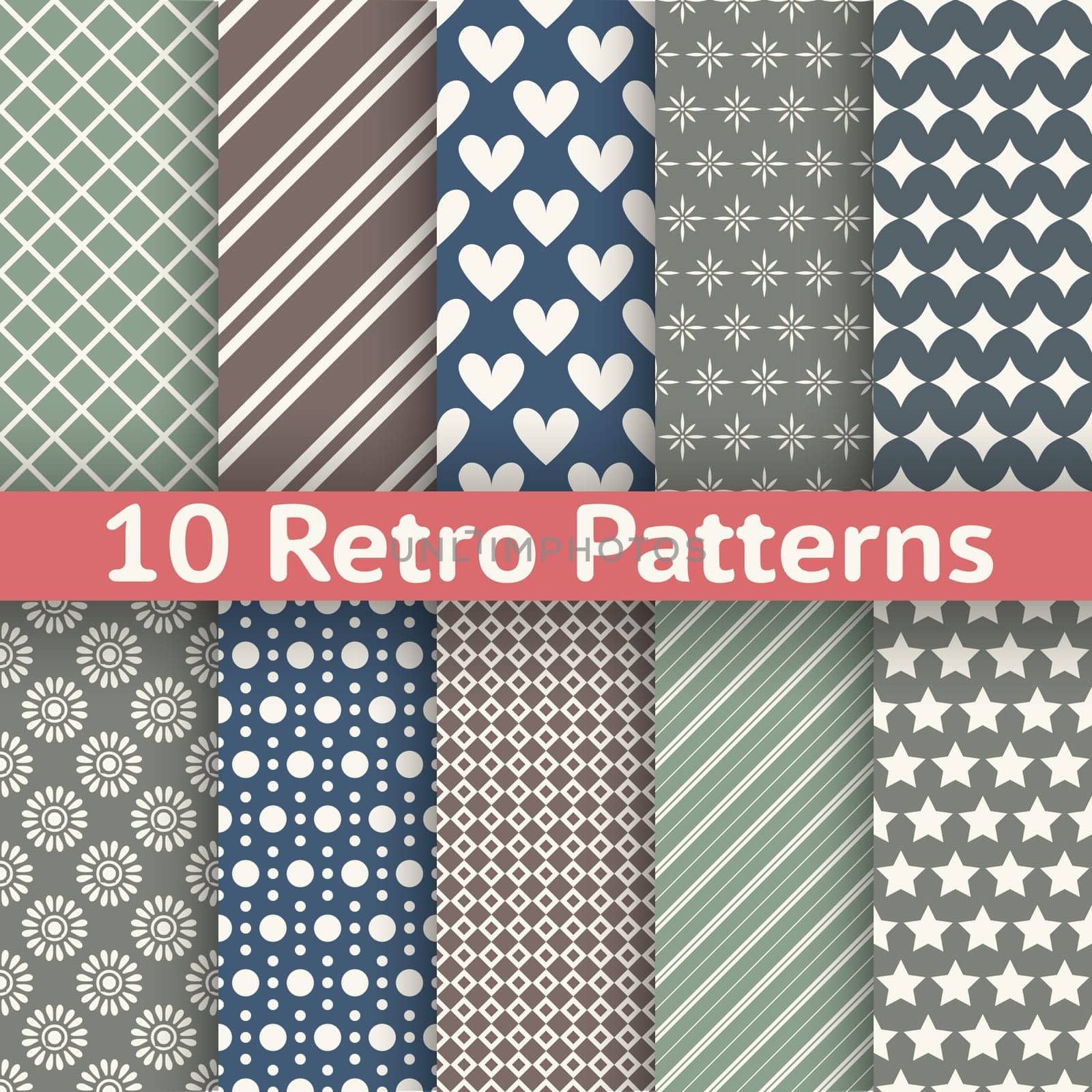 10 Retro abstract vector seamless patterns (tiling, with swatch). Endless texture can be used for wallpaper, fill, web background, texture. Set of monochrome geometric ornaments. Vintage colors.