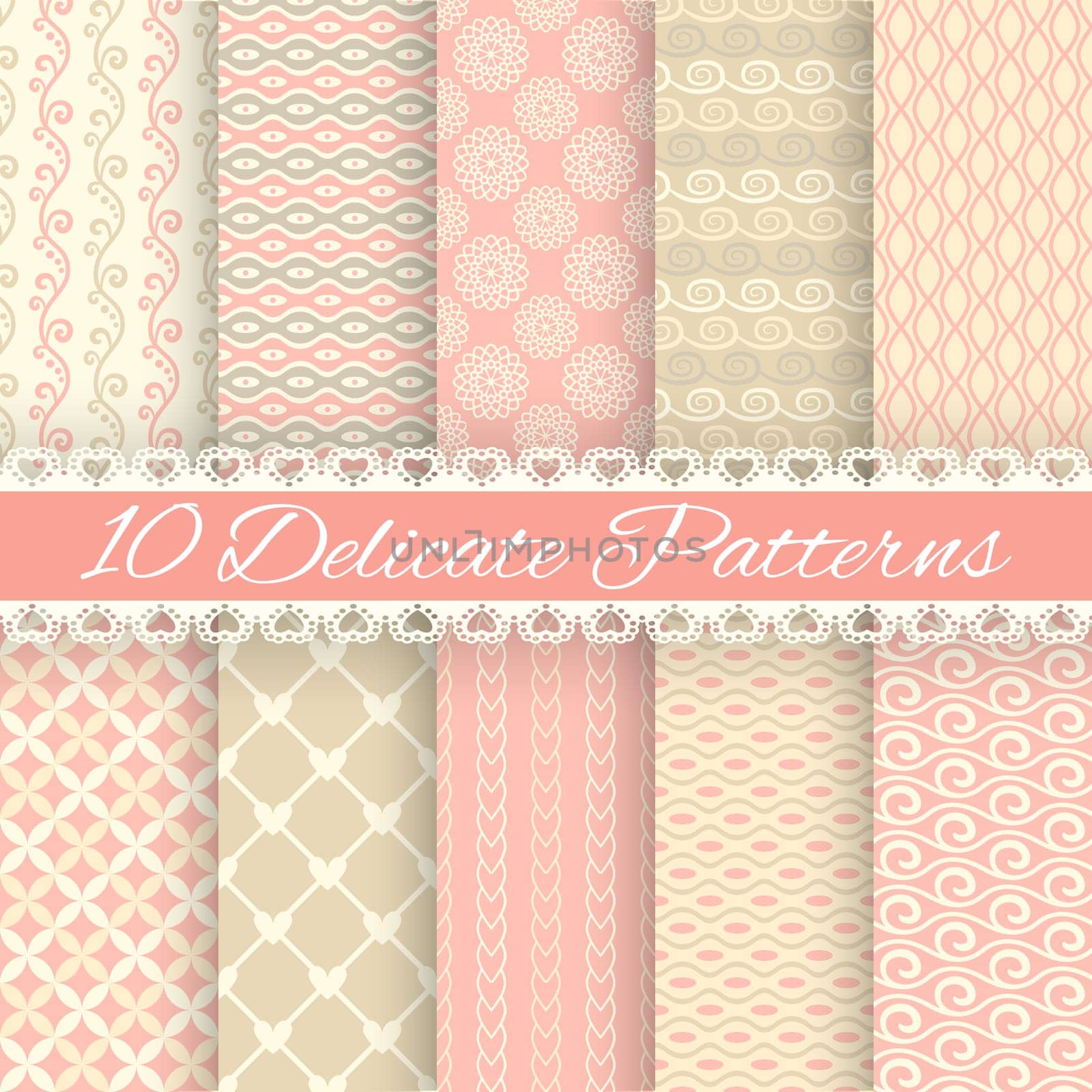 10 Pastel loving wedding vector seamless patterns (tiling). Fond pink, green, white and blue colors. Endless texture can be used for printing onto fabric and paper or invitation. Heart, flower, curl.