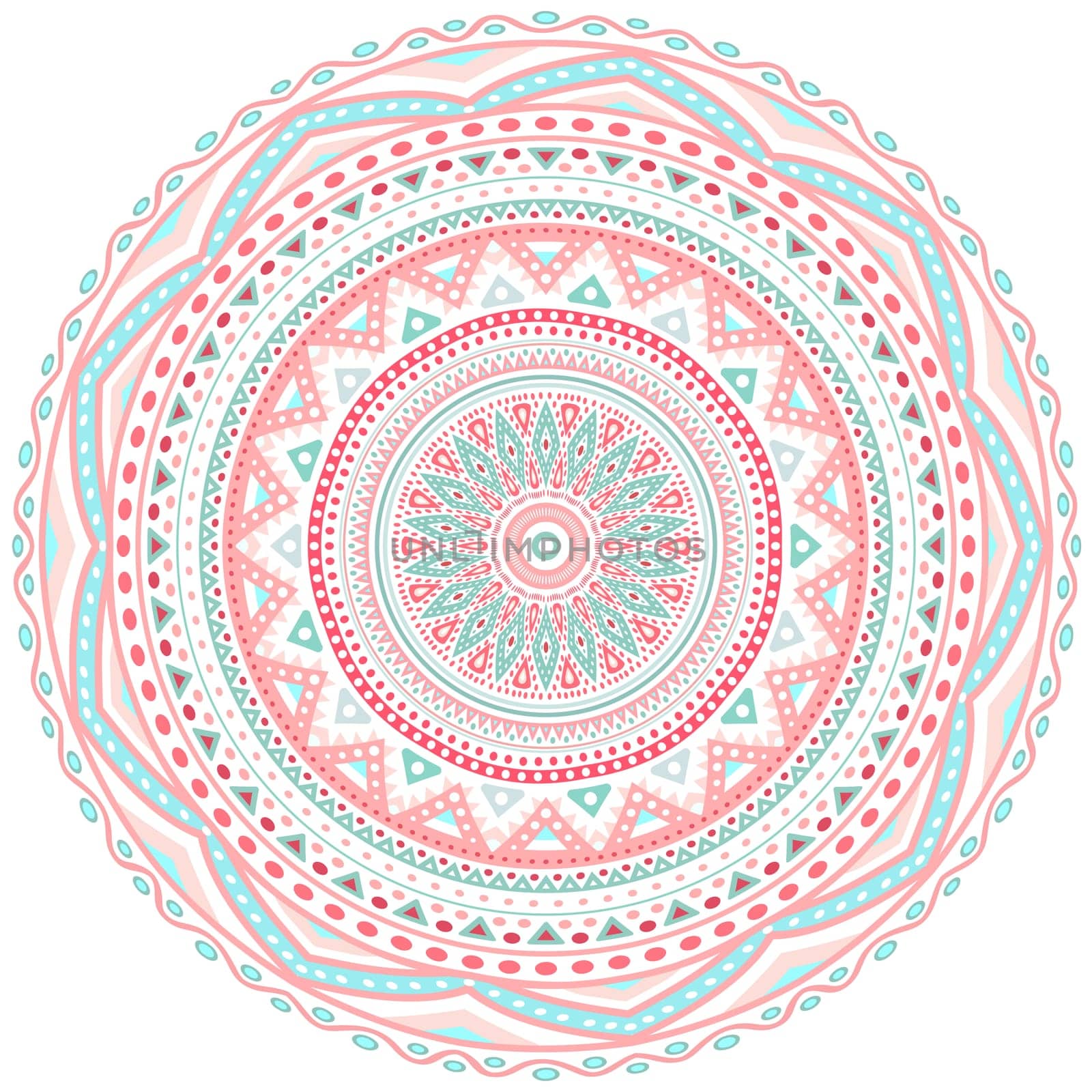 Decorative pink and blue round pattern frame on white background. Vector illustration for cute feminine and baby design. Dot and wave shapes. Oriental rug / napkin. Tribal ethnic ornamental textile.