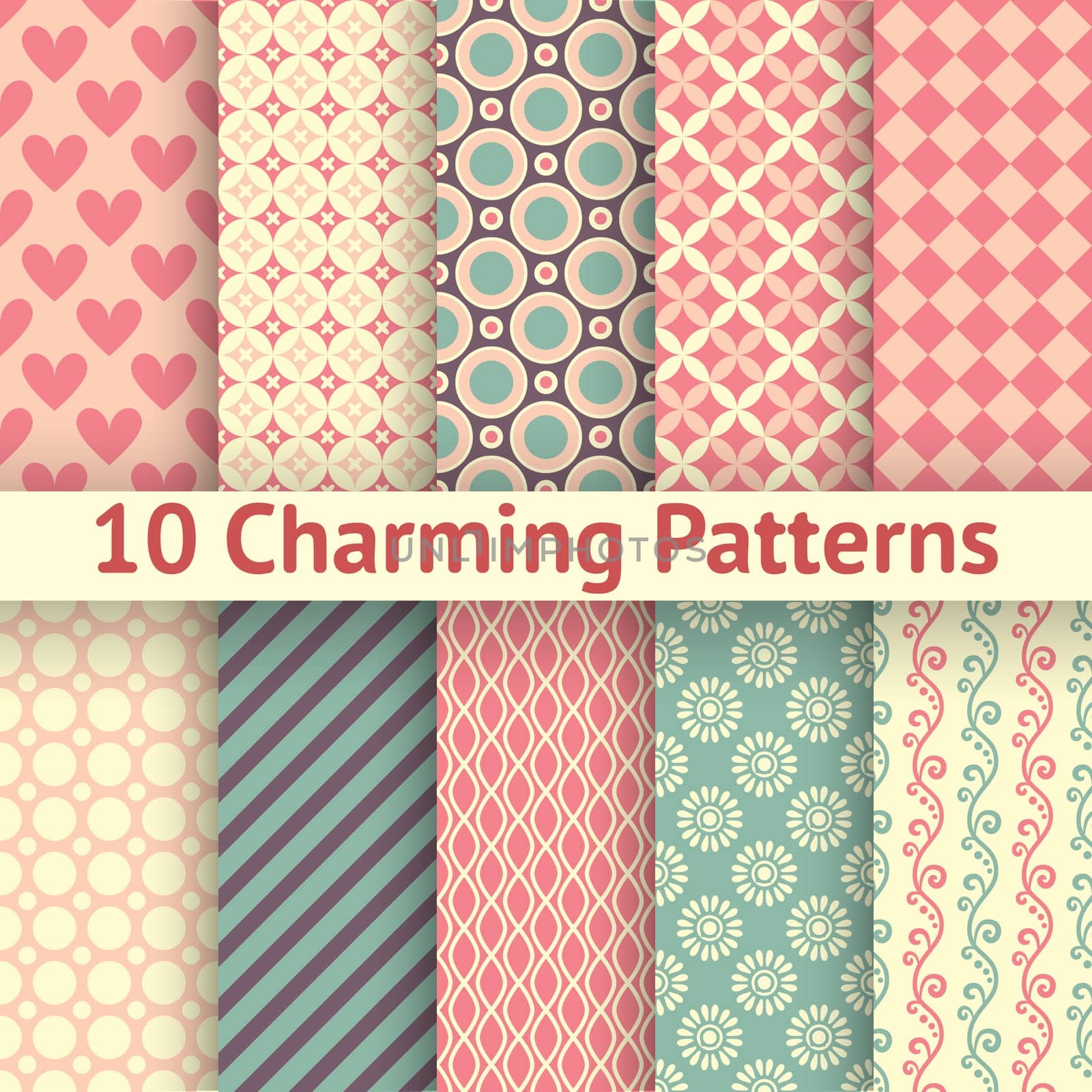10 Charming different vector seamless patterns (tiling). Sweet pink, blue and lemon cream colors. Endless texture can be used for printing onto fabric and paper. Heart, flower and dot shape.
