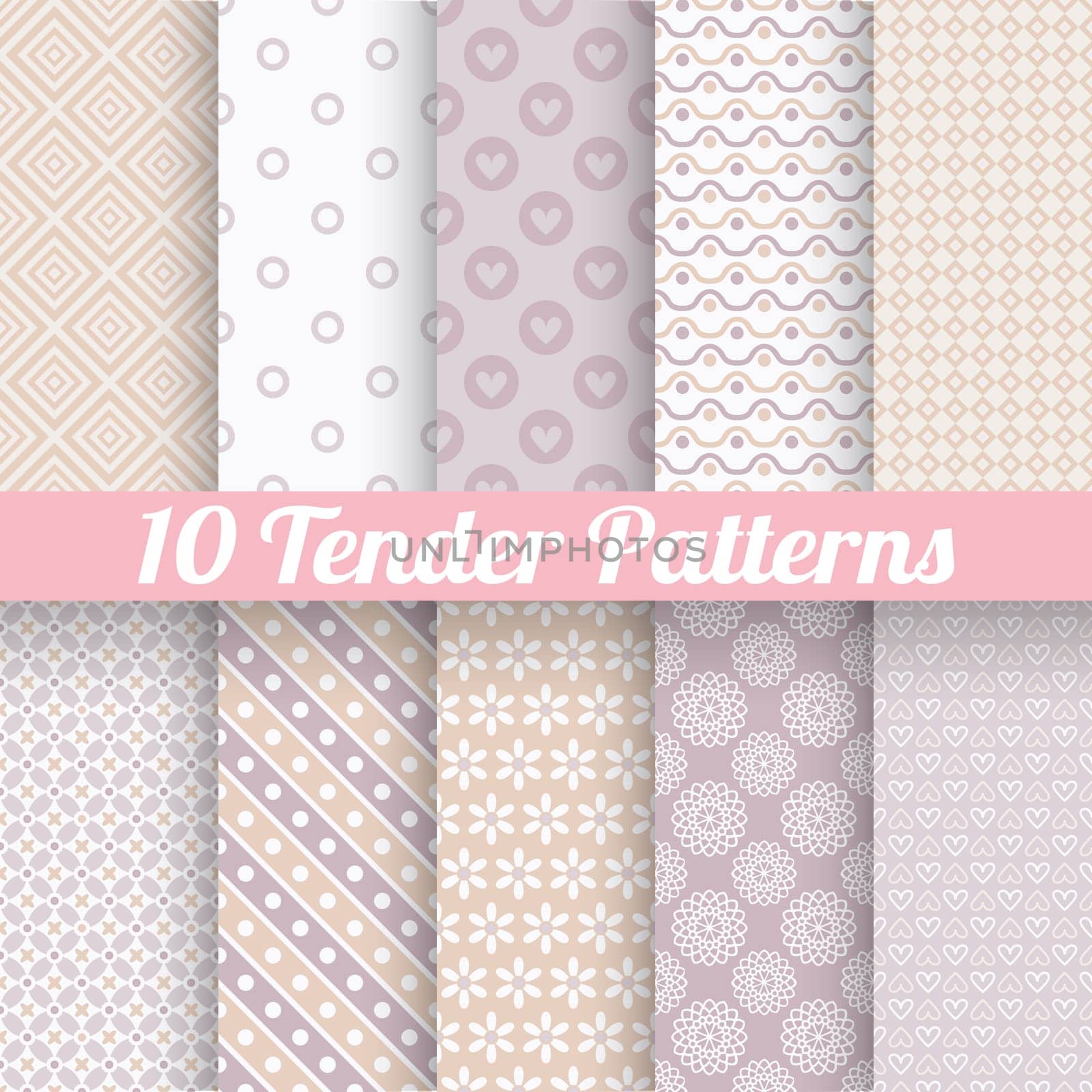 10 Tender loving wedding vector seamless patterns (tiling). Fond beige and white colors. Endless texture can be used for printing onto fabric and paper or invitation. Heart, flower, dot.