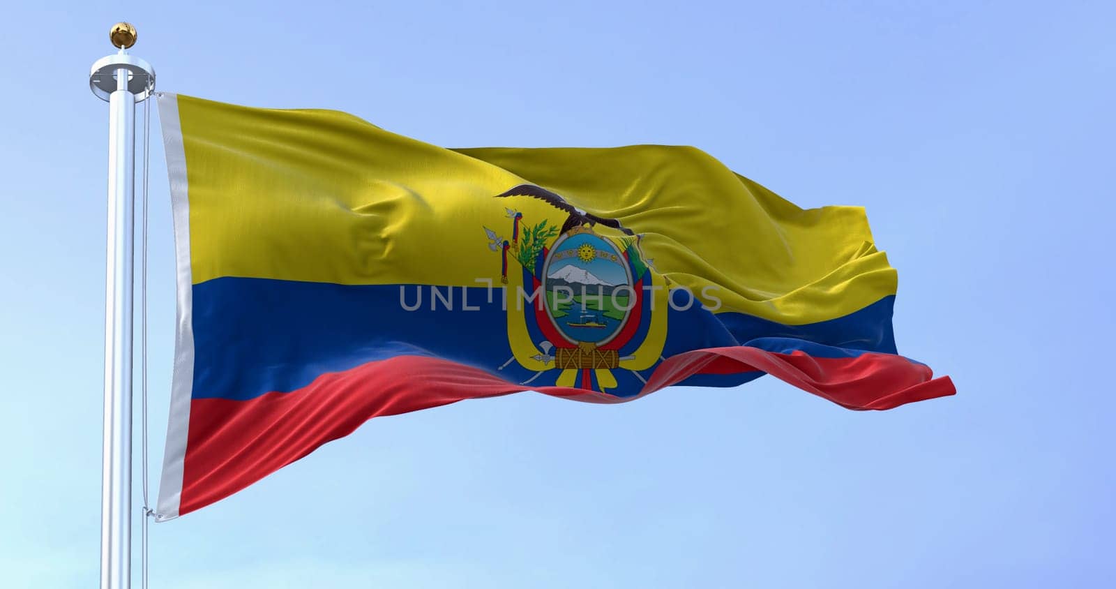 Close-up view of the Ecuador national flag waving in the wind. The Republic of Ecuador is a presidential republic of South America. 3d illustration render. Fluttering fabric