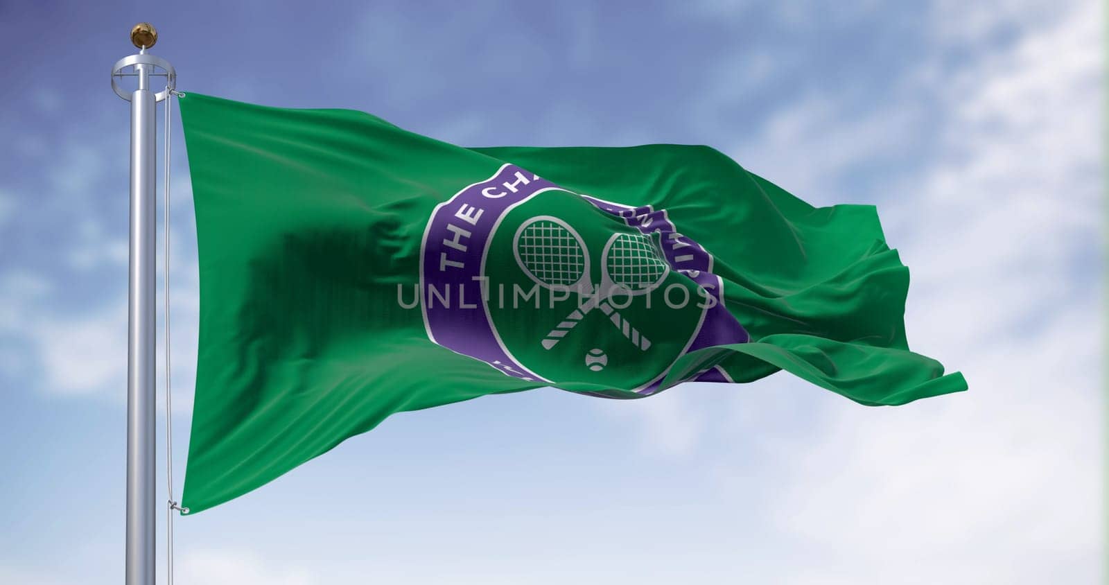 London, UK, May 2023: Flag with The Championships Wimbledon logo waving in the wind. Wimbledon Championships is a major tennis tournament. Illustrative editorial 3d illustration render.