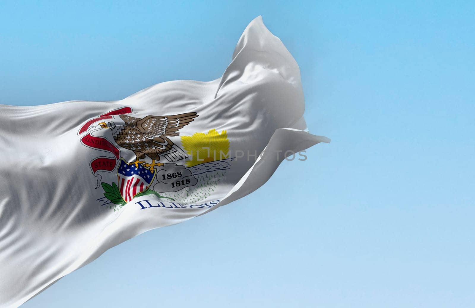Illinois state flag waving in the wind. White field with Illinois seal, eagle on rock. 3d illustration render. Fluttering fabric. US state flag