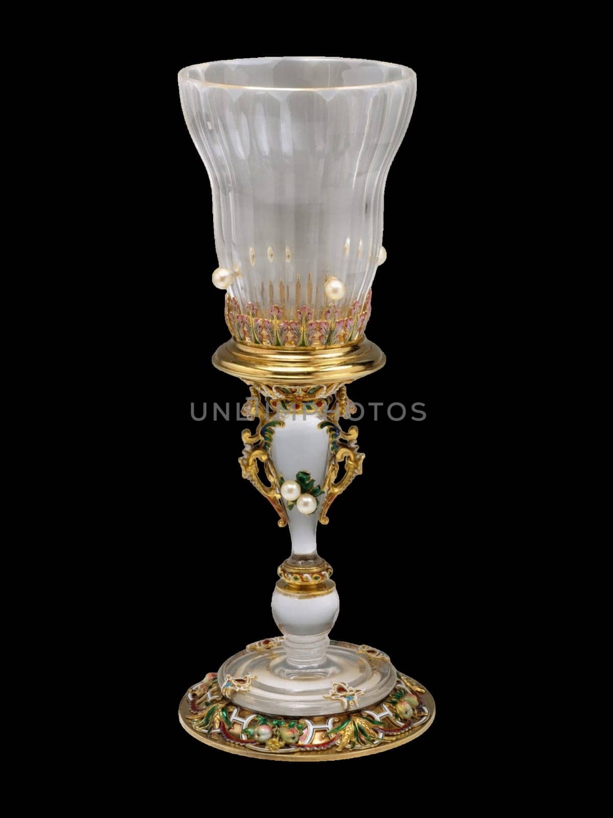 Elegant 19th-century French standing cup by Jean-Valentin Morel. Features delicate crystal, intricate gold detailing, and pearl accents. Represents refined craftsmanship and historical luxury.