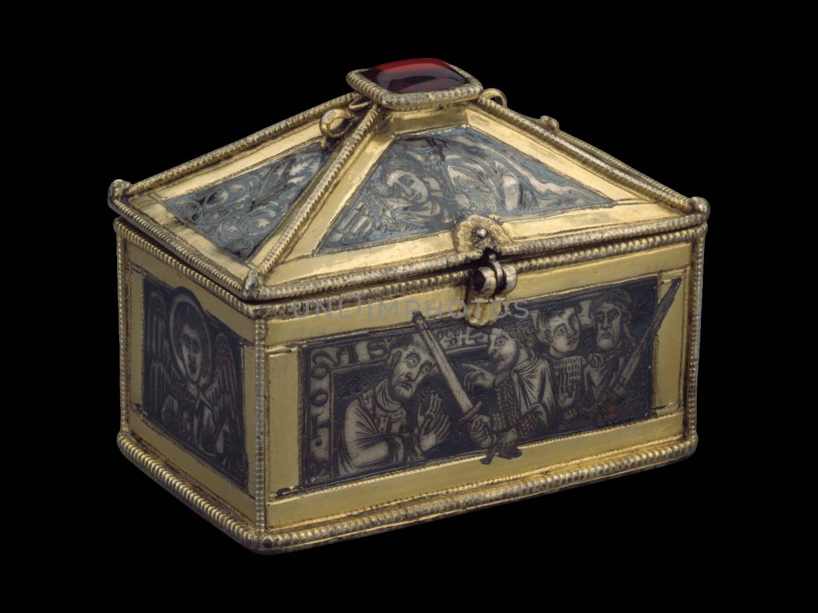 British reliquary casket, circa 1173-80, depicting the martyrdom of Saint Thomas Becket. Features detailed metalwork with silver and gold tones, and narrative scenes. Represents medieval religious art and historical significance.