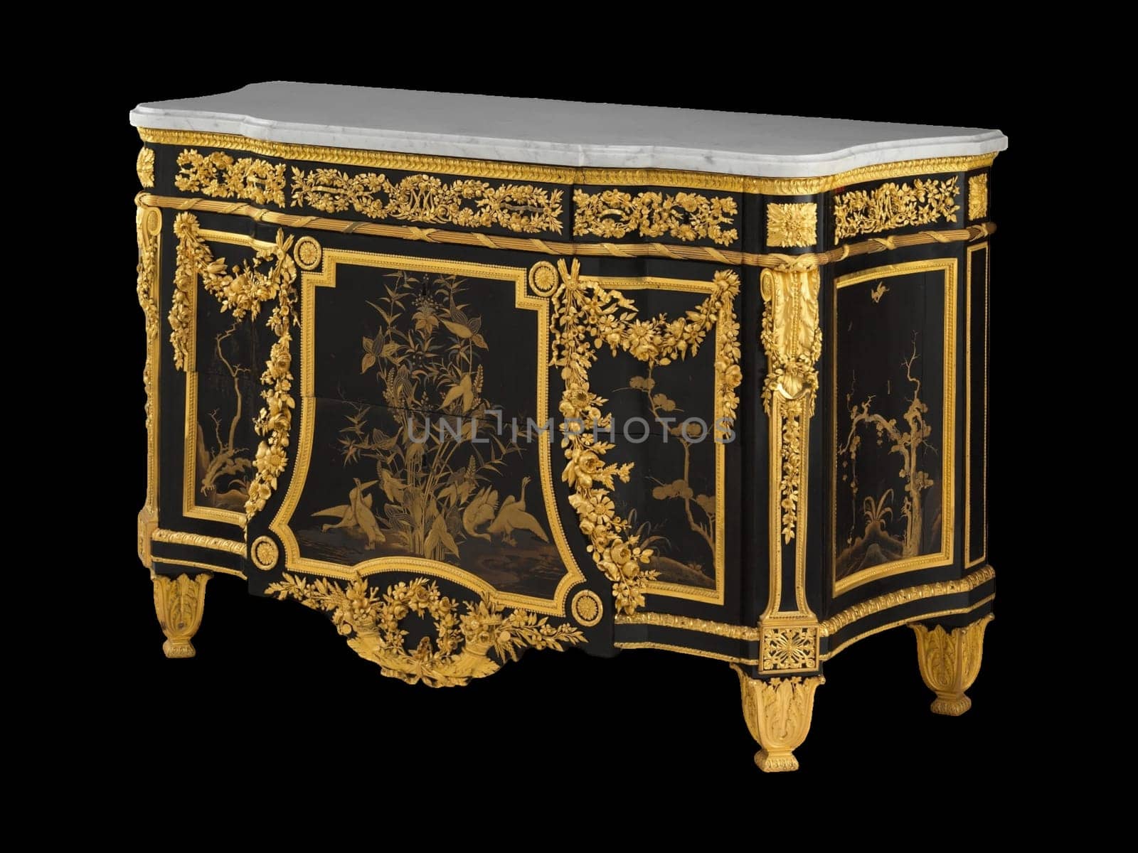 Stunning 1783 commode (secretaire a abattant) by Jean-Henri Riesener. Features rich black lacquer, elaborate gilt bronze ornamentation, and a luxurious marble top. Embodies the opulence of the Louis XVI era in France.