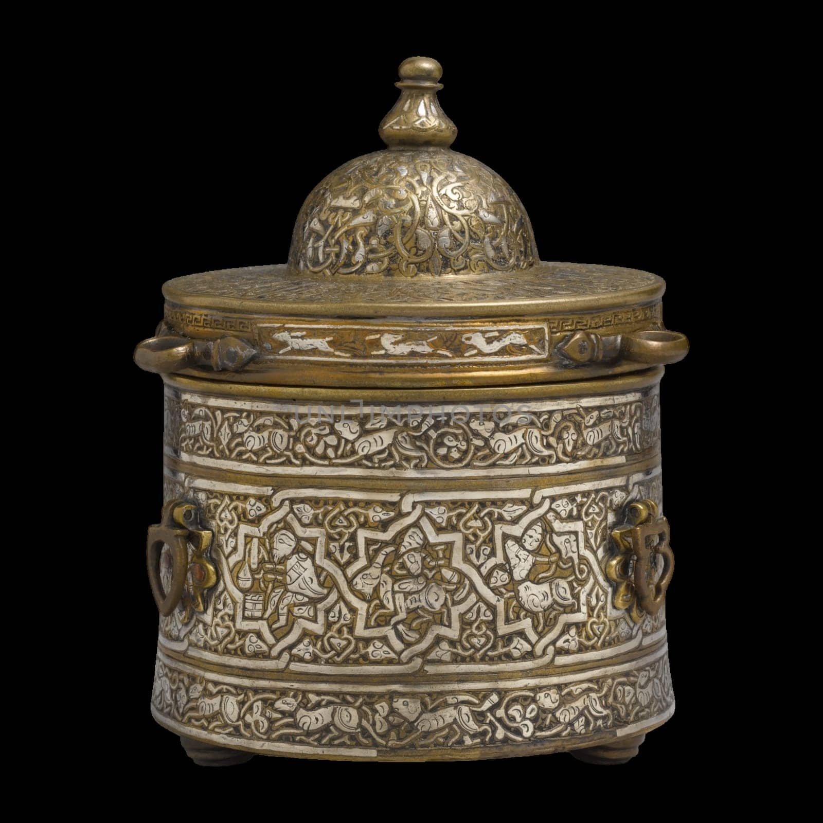 Early 13th-century Islamic inkwell intricately decorated with zodiac signs. Features detailed metalwork in silver and brass hues. Represents medieval artistry and astronomical interest.