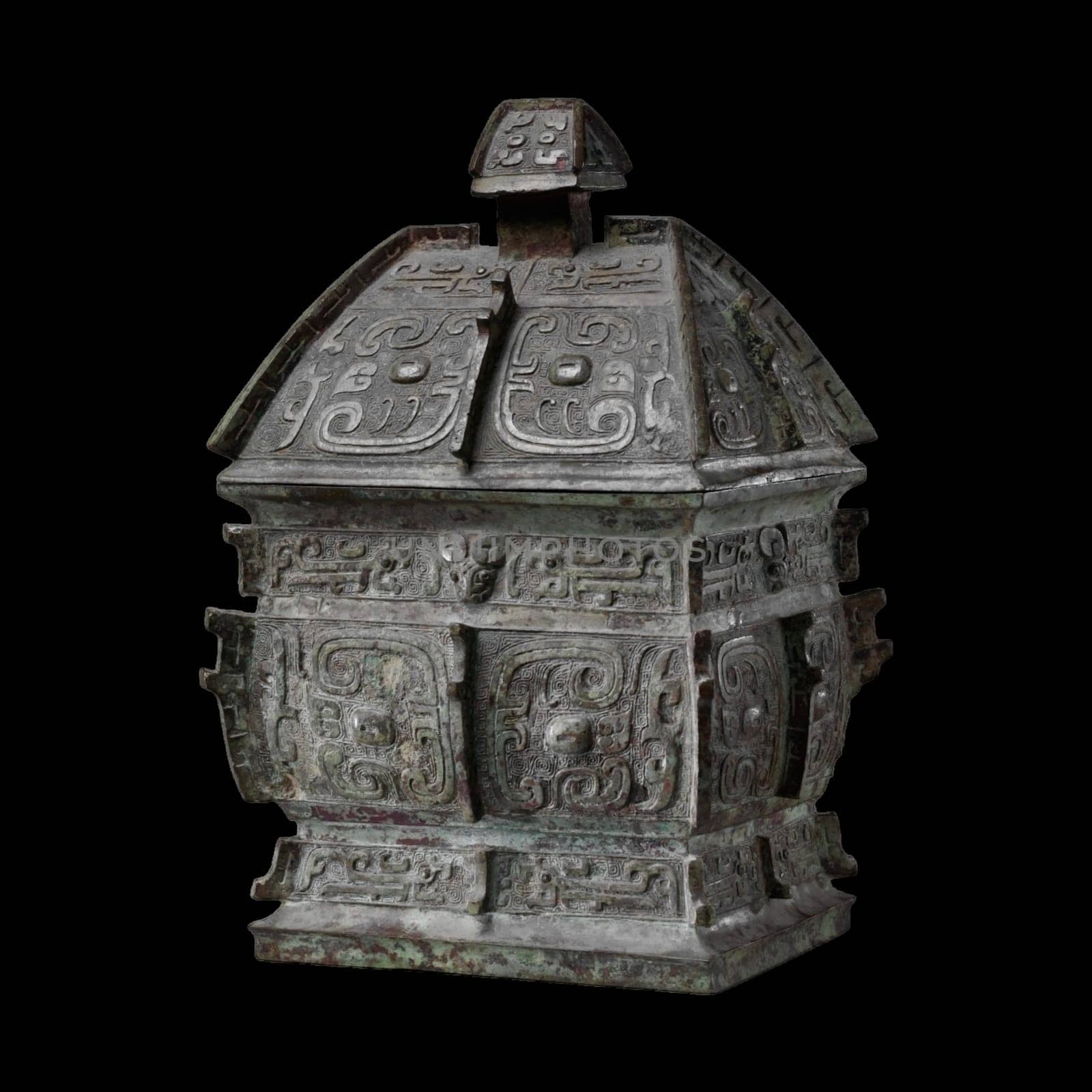 Mid-10th century BCE Chinese bronze rectangular wine container fangyi from the Shang Dynasty. Features intricate taotie masks and geometric patterns. Represents ancient Chinese rituals and bronze artistry.