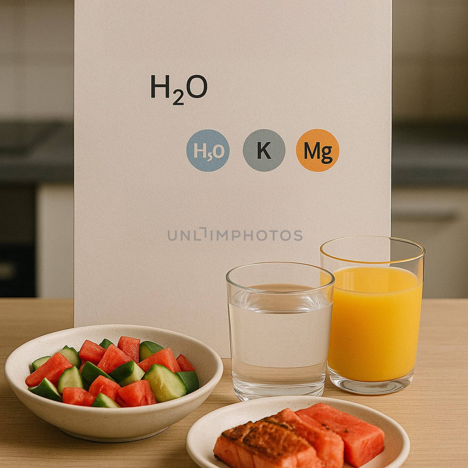 AI generated image showing mineral-rich water, fresh juices, and hydrating foods like watermelon and cucumber with scientific infographic of molecular structures and health benefits