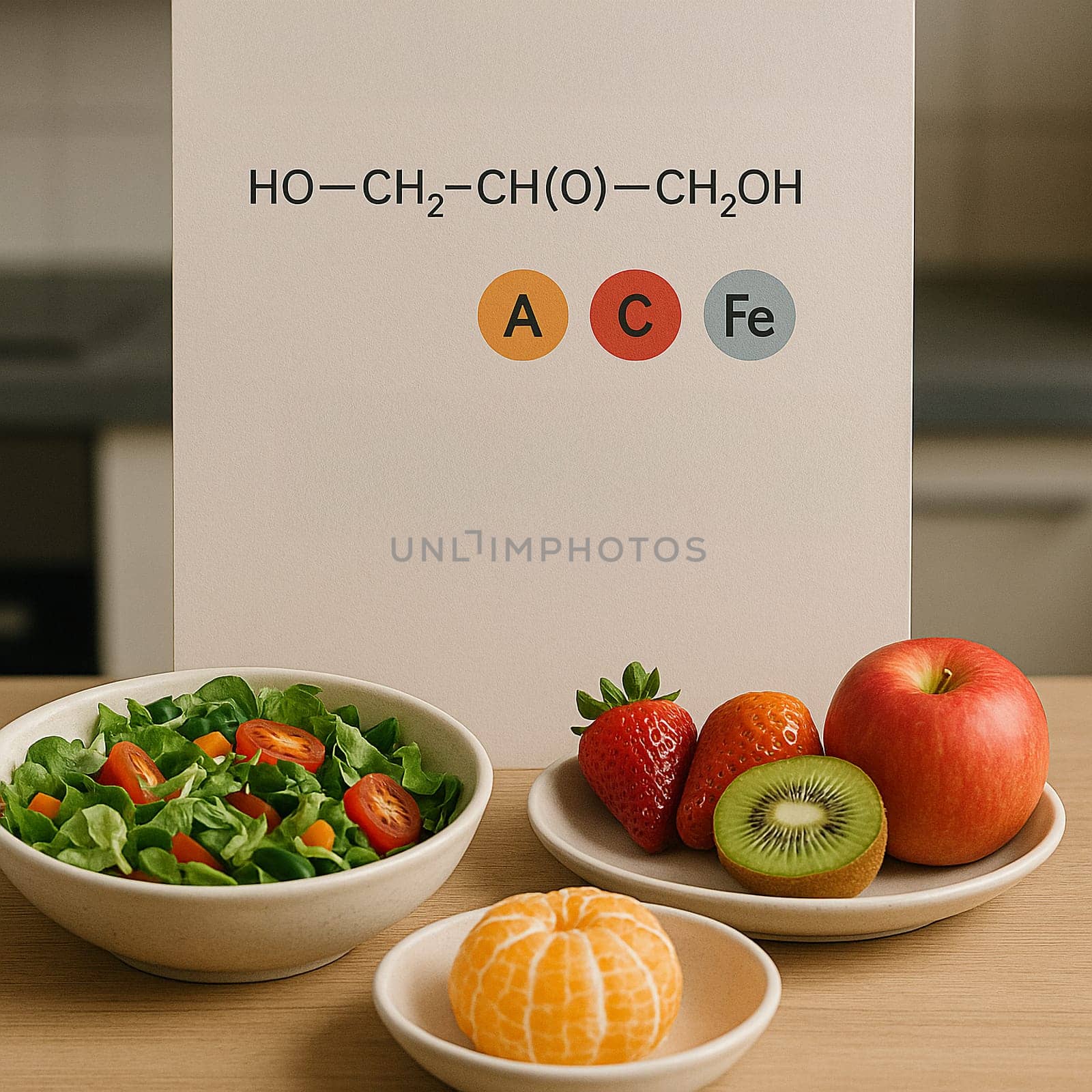 AI generated image of fresh vitamin and mineral-rich foods including colorful salads and assorted fruits with scientific infographic showing molecular structures and nutritional benefits
