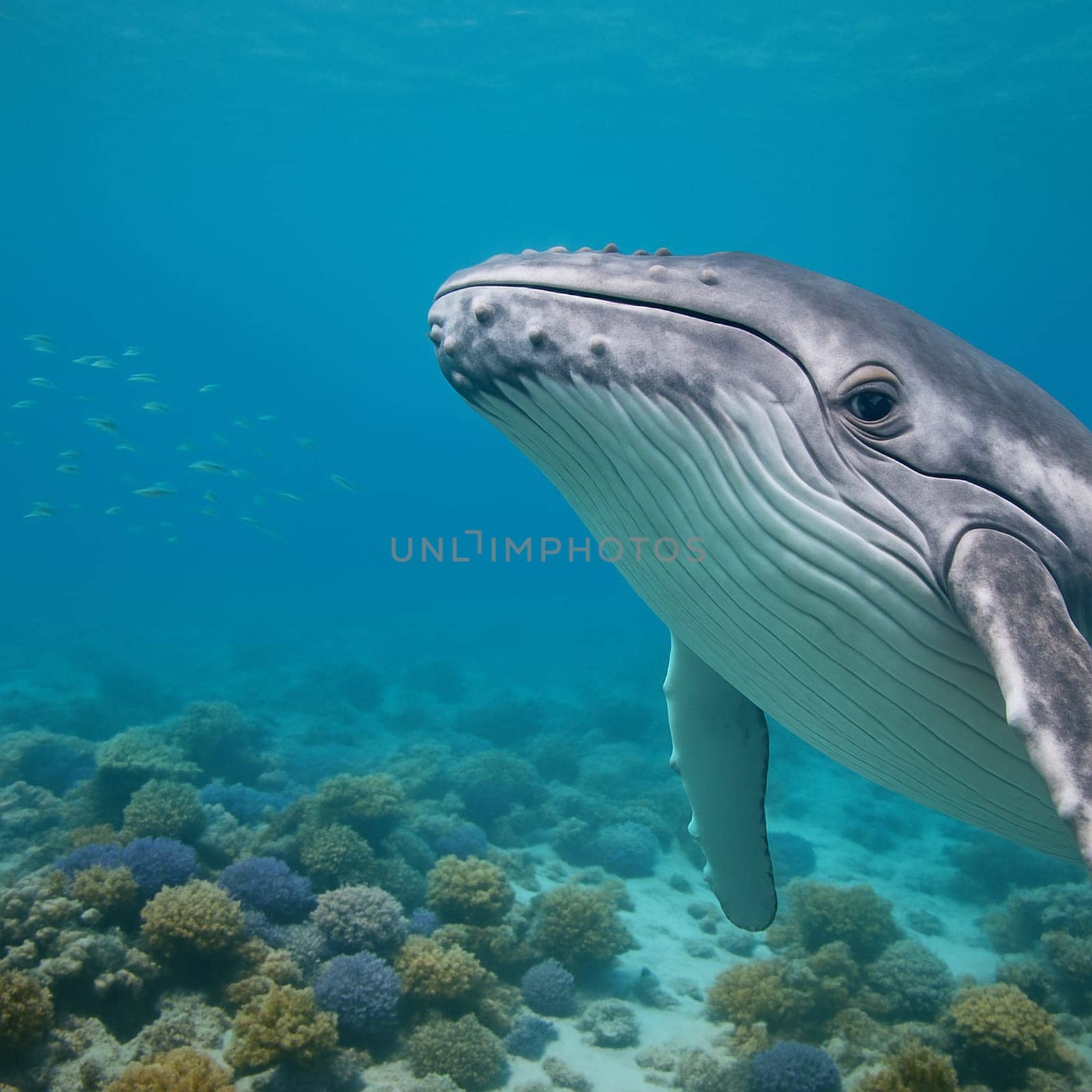 AI generated cheerful whale peeking with friendly smile in vibrant turquoise ocean surrounded by colorful coral reef and schooling fish perfect for marine conservation themes