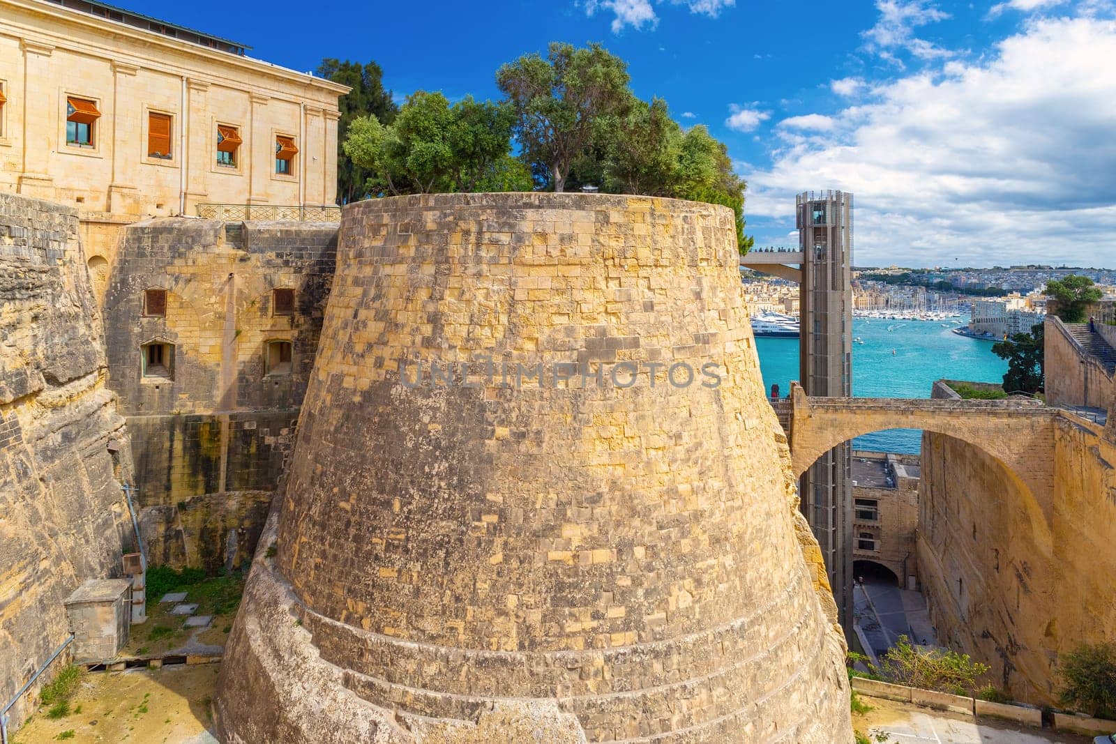 Fortified walls of Valletta and the upper Barrakka lift, Malta.