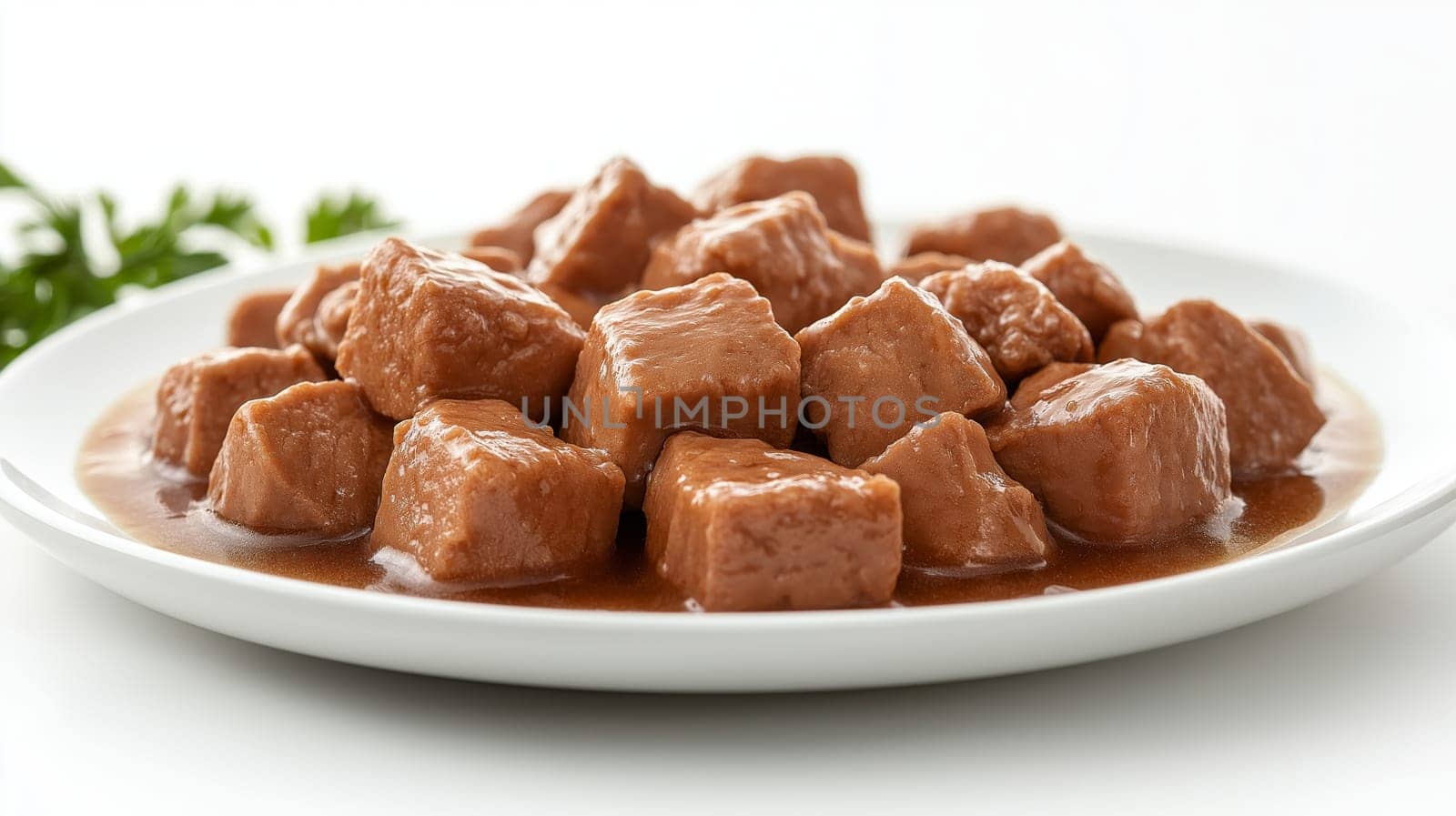 Close-up of gourmet wet cat food, neatly arranged on a white ceramic plate, showcasing tender chunks in rich gravy, isolated on a white background.