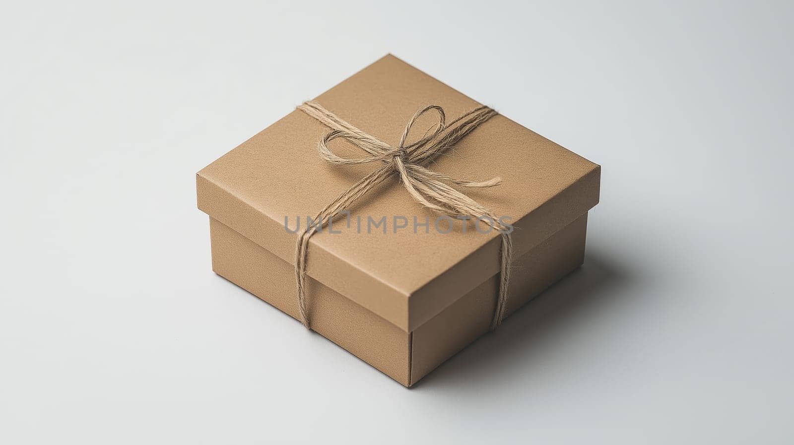 Eco-friendly kraft paper box with jute twine bow, isolated on a clean white background.