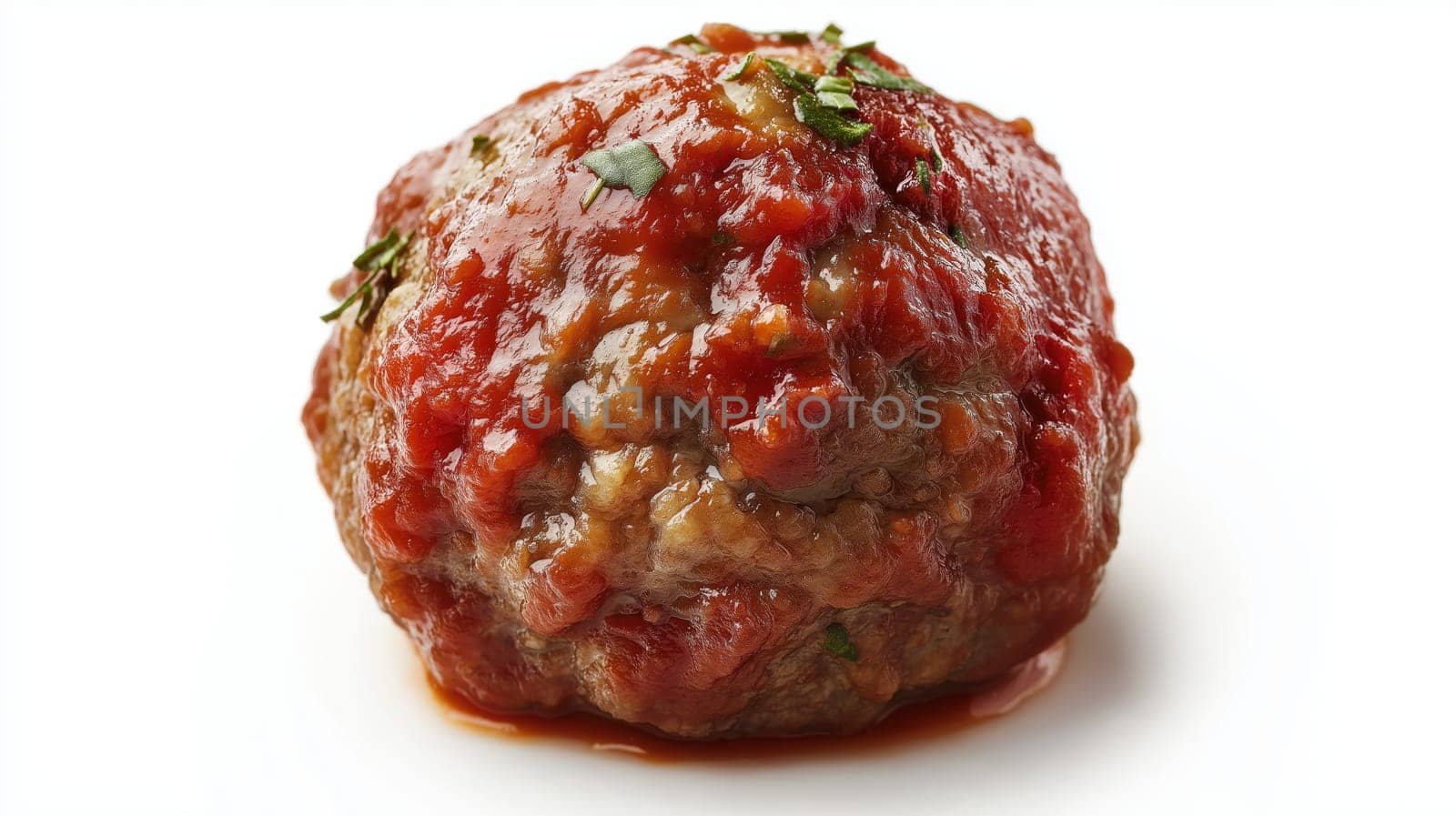A small, perfectly round meatball, drizzled with rich, red marinara sauce, isolated on a white background. The texture of the meatball is highlighted, and the sauce adds a vibrant pop of color.