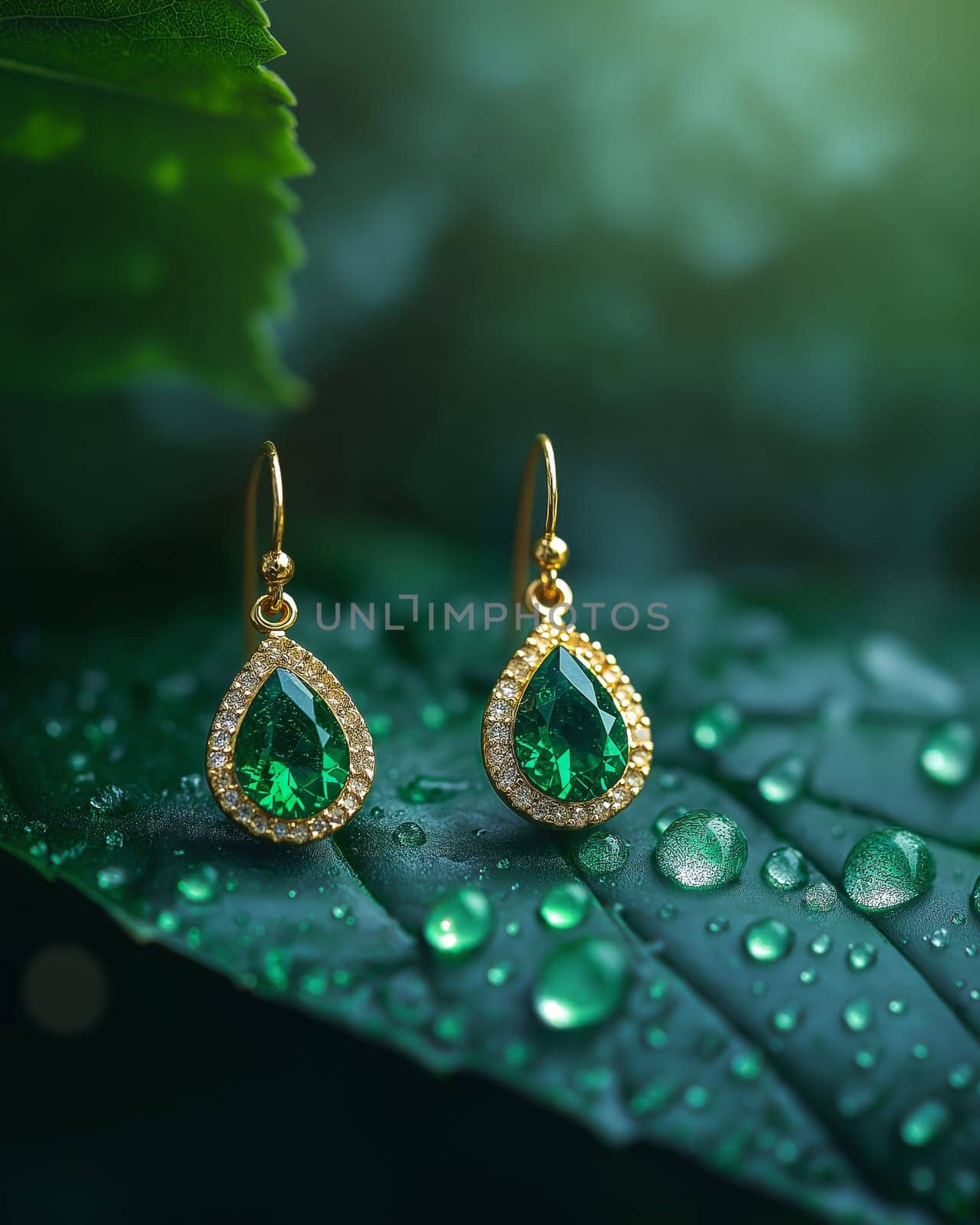 Delicate gold earrings featuring vibrant emerald stones rest on a lush green leaf with droplets of water. The soft light enhances the elegance of the jewelry and natural surroundings.