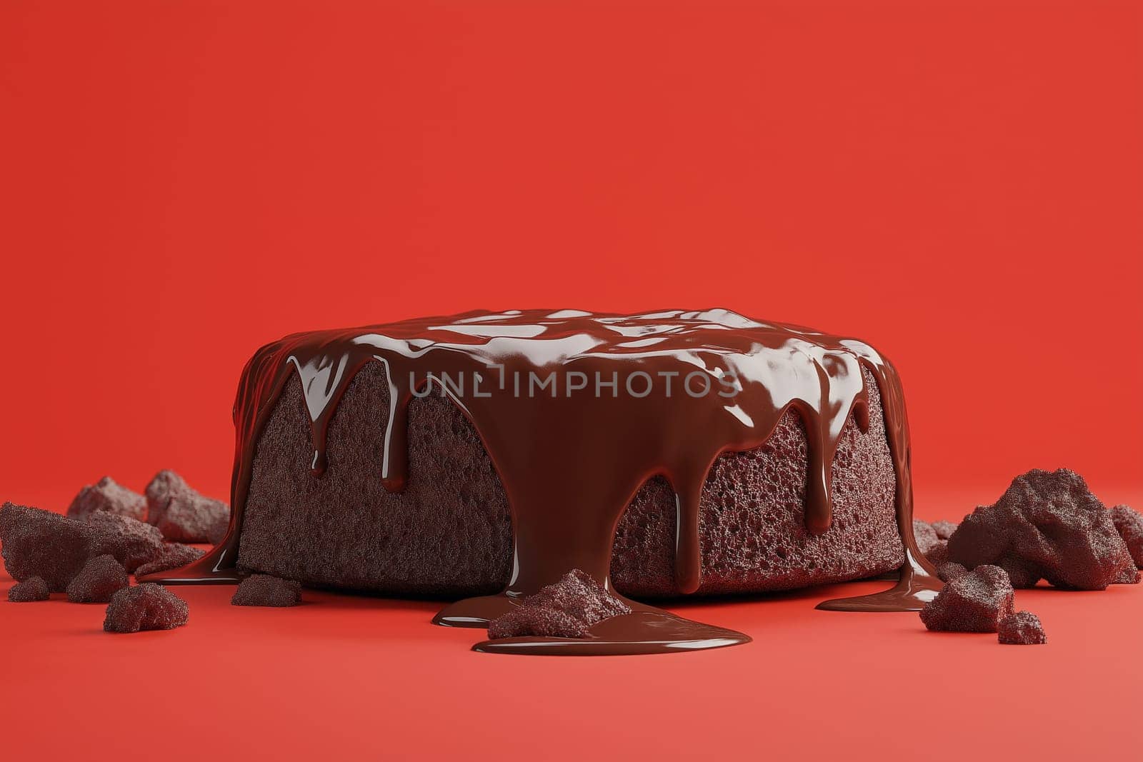 Close-up view of a freshly baked chocolate lava cake sitting on a vibrant red surface.