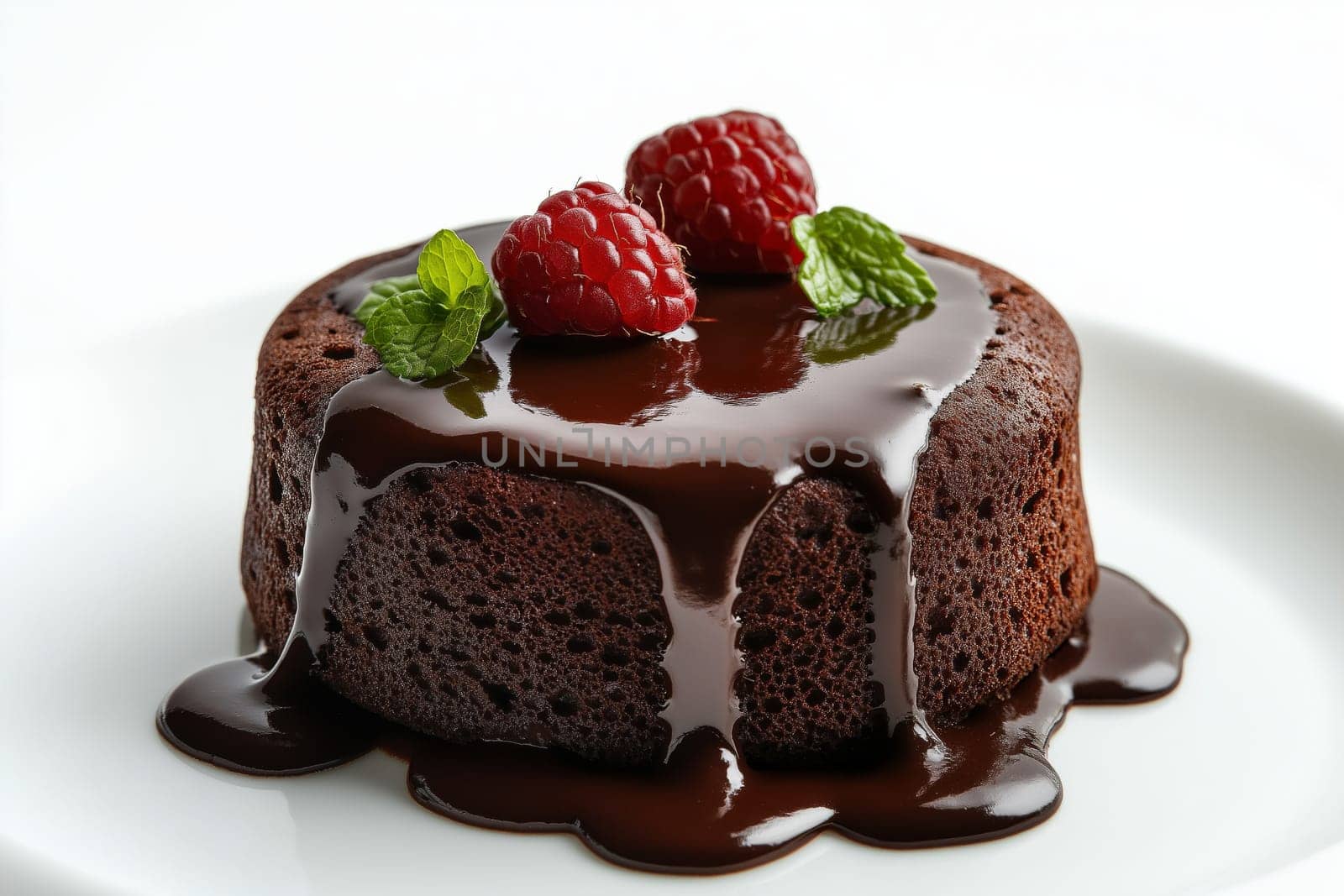 Delicious chocolate lava cake is served warm, with rich molten chocolate oozing from the center. Topped with fresh raspberries and mint, it tempts dessert lovers everywhere.