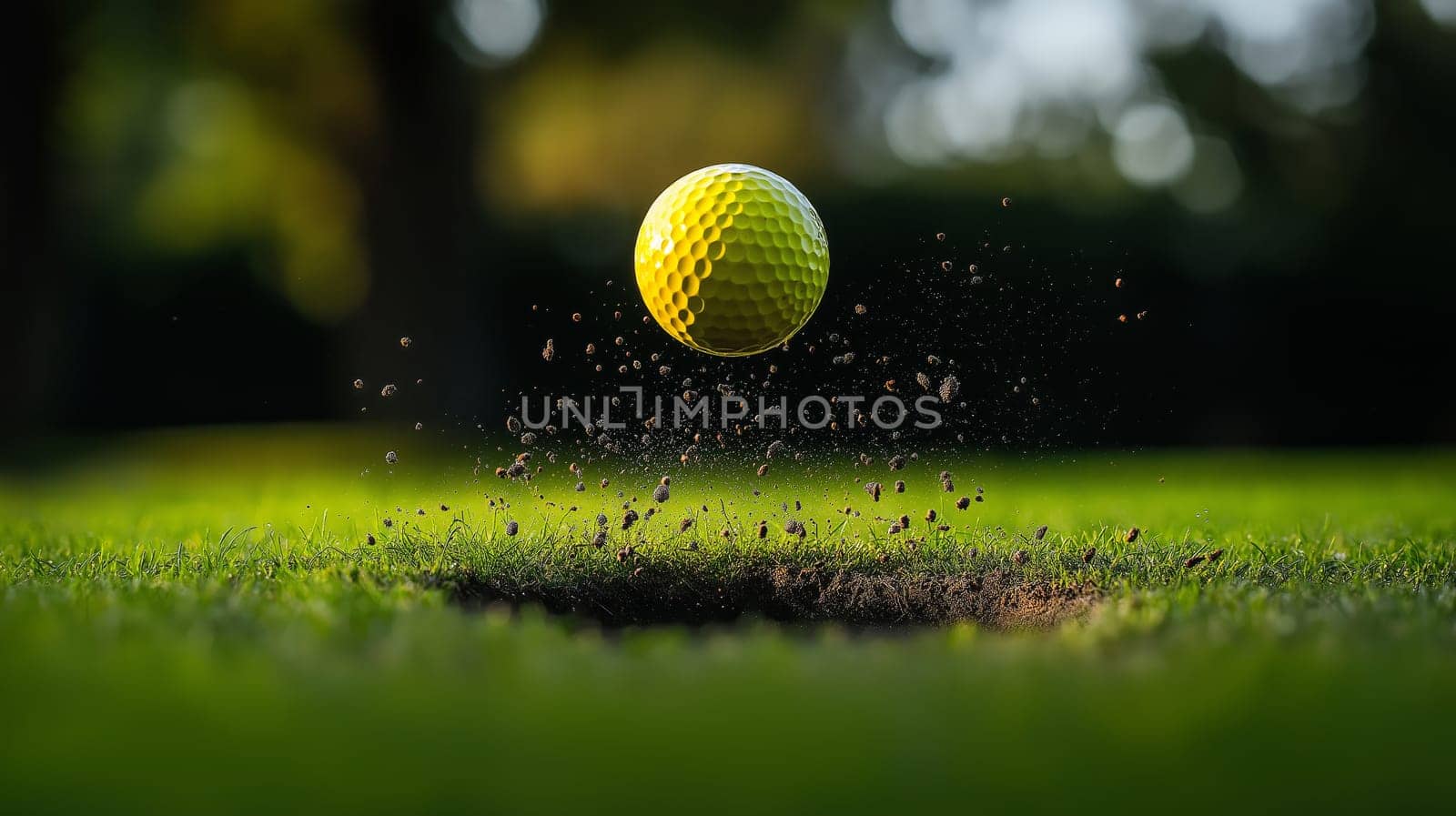 A bright yellow mini-golf ball is captured mid-air, floating above a freshly dug hole on a sunny afternoon. The grass is lush and green, enhancing the cheerful atmosphere of the moment.