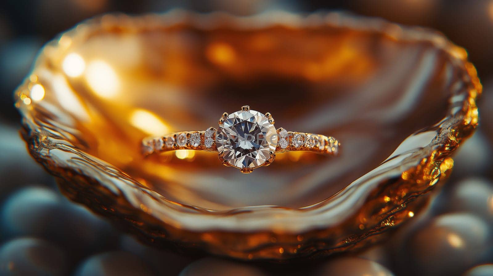 A golden oyster shell is partially open, showcasing a stunning diamond ring nestled inside. The setting hints at a luxurious moment, blending nature's beauty with fine craftsmanship.