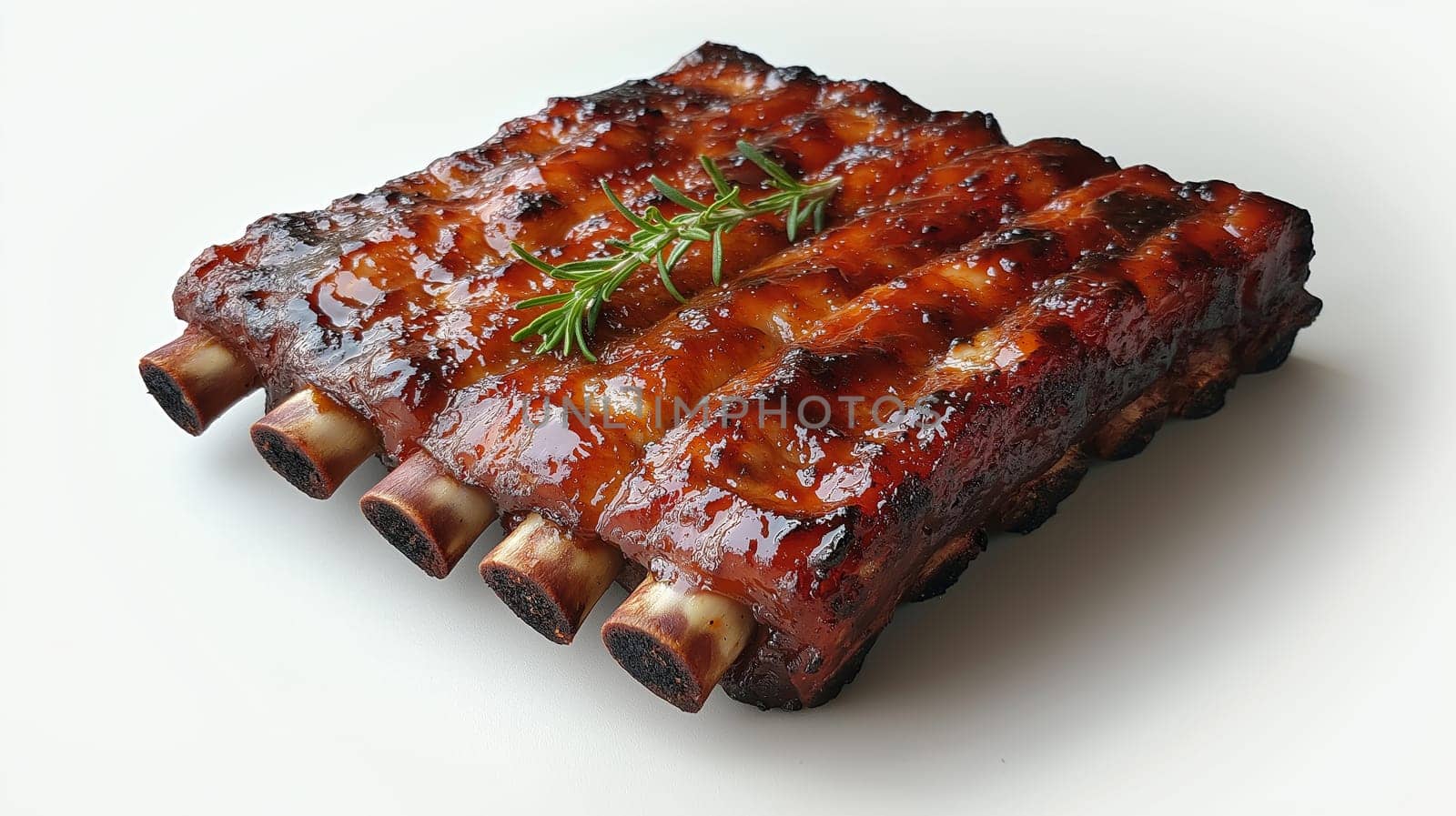 A succulent, tender pork rib, coated in a sticky glaze, isolated on a clean white background. The rich color of the meat and glaze contrasts against the simple, minimal backdrop, emphasizing the juiciness.
