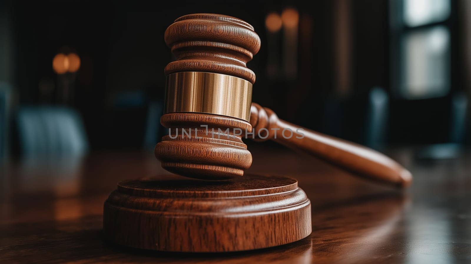 The gavel is elevated high above its wooden base, symbolizing the authority of the judge. The dimly lit courtroom setting suggests a serious atmosphere, conveying the weight of legal proceedings.