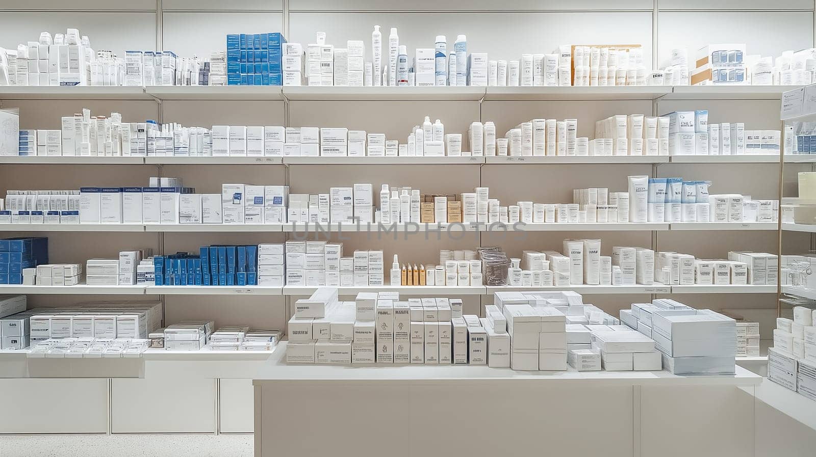 Shelves in a pharmacy display a variety of neatly organized health and beauty products. Items are arranged in an orderly manner, creating a welcoming shopping experience for customers.