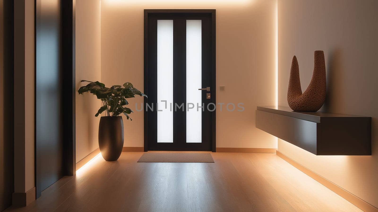 A sleek entrance area showcases a contemporary door and large windows allowing sunlight to flood in. Potted plants add a touch of nature to this elegant space.