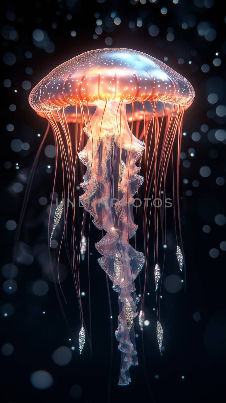 A glowing jellyfish gracefully drifts through dark waters, illuminating its surroundings with a soft light. Its long tentacles flow gently, creating an ethereal atmosphere in the ocean depths.