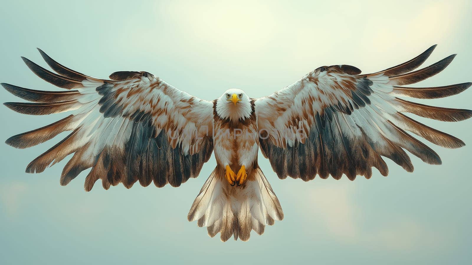 A large bird of prey spreads its impressive wings wide while soaring in the tranquil morning sky. The feathers showcase intricate patterns, emphasizing its strength and beauty.