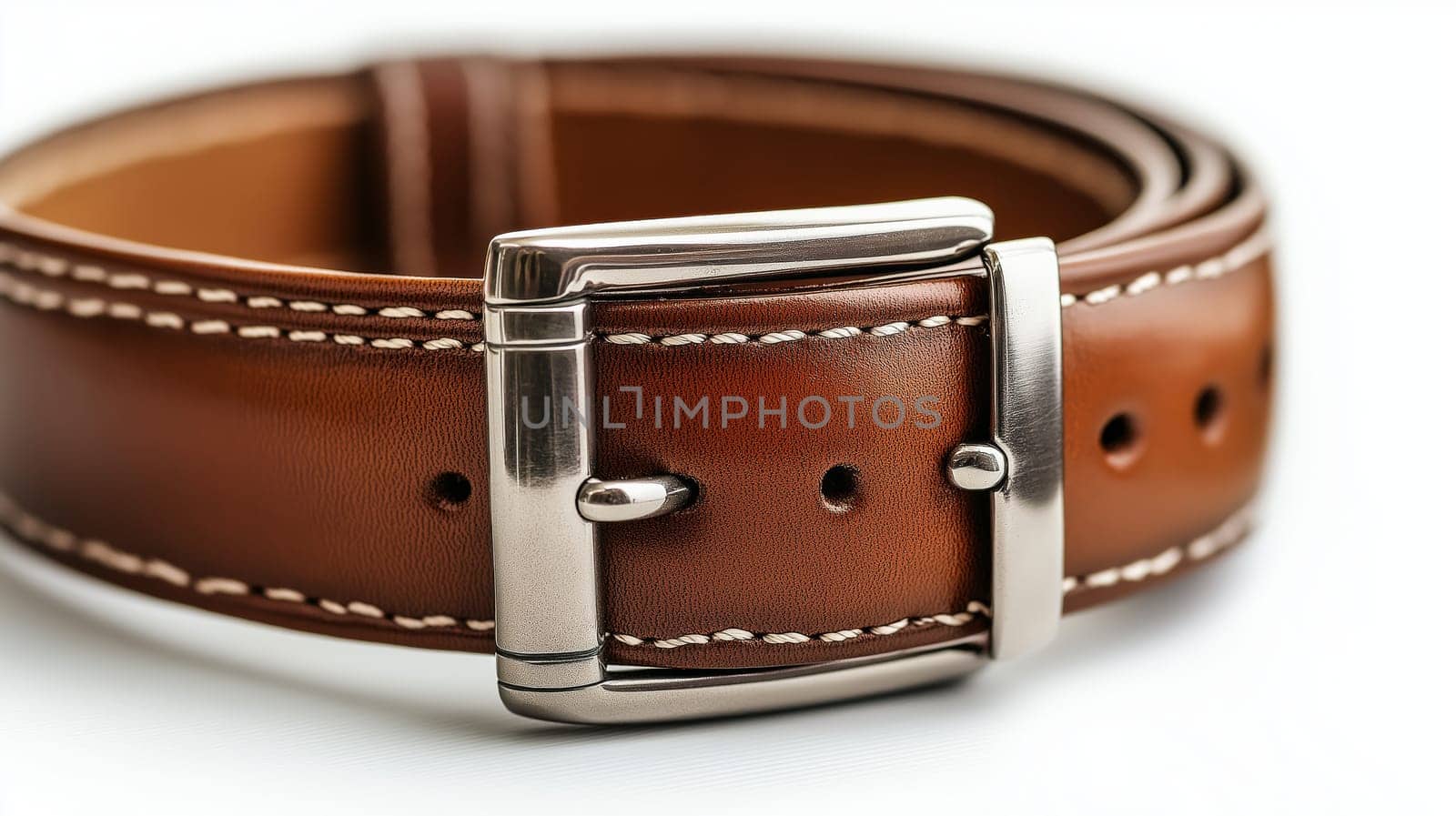 Close-up of a brown leather belt with a polished metal buckle, highlighting the intricate stitching and quality materials. The focus is on the craftsmanship of the accessory.