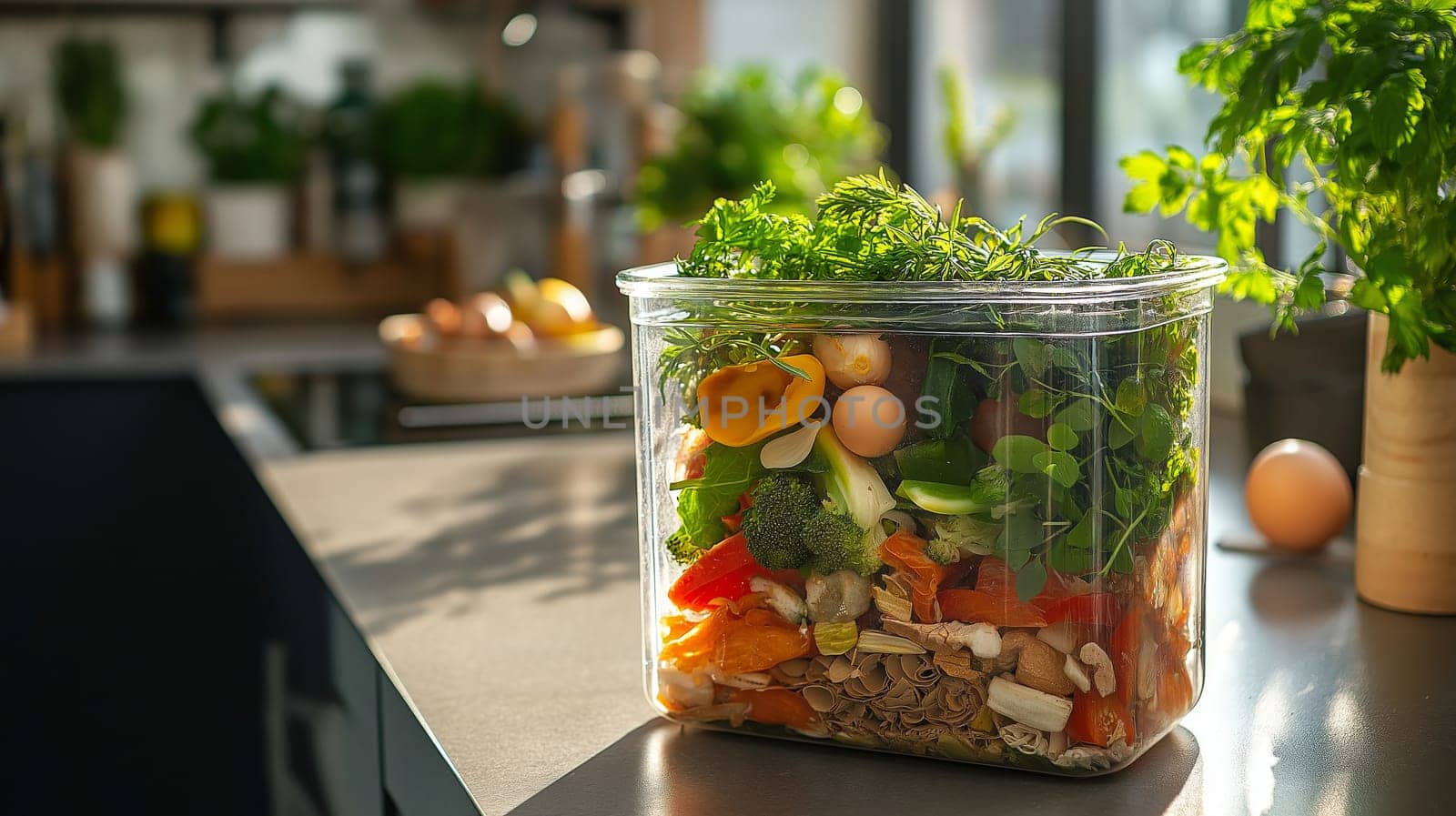 A transparent compost bin displays a vibrant mix of vegetable scraps, including greens and colorful peels, set on a kitchen countertop. Fresh herbs enhance the composting process.