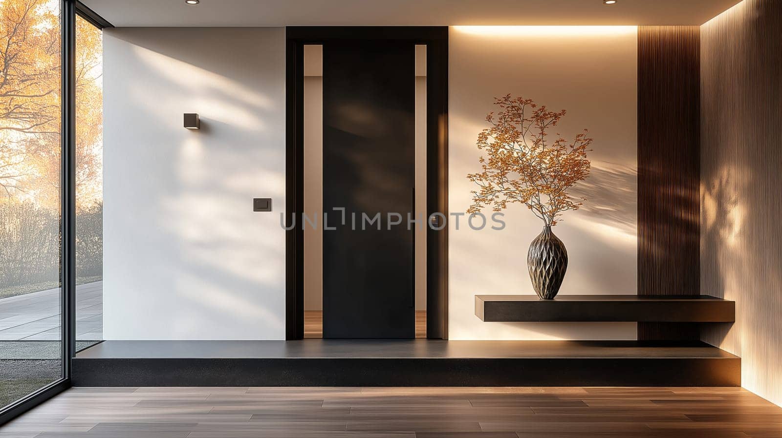 A sleek entrance area showcases a contemporary door and large windows allowing sunlight to flood in. Potted plants add a touch of nature to this elegant space.