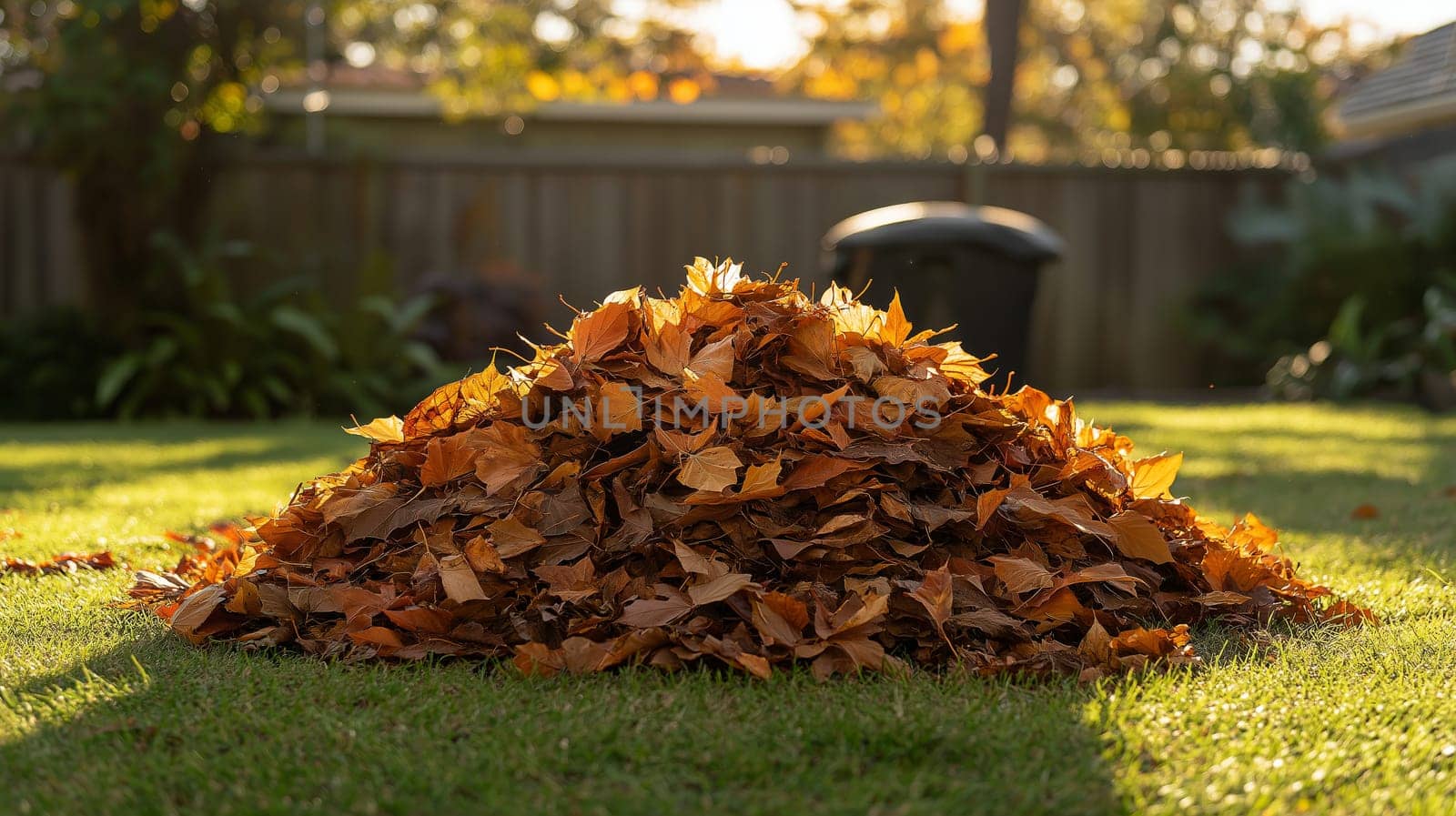Colorful autumn leaves are gathered into a large pile on lush green grass, illuminated by warm sunlight. The vibrant hues add a cozy feel to the outdoor space during fall.