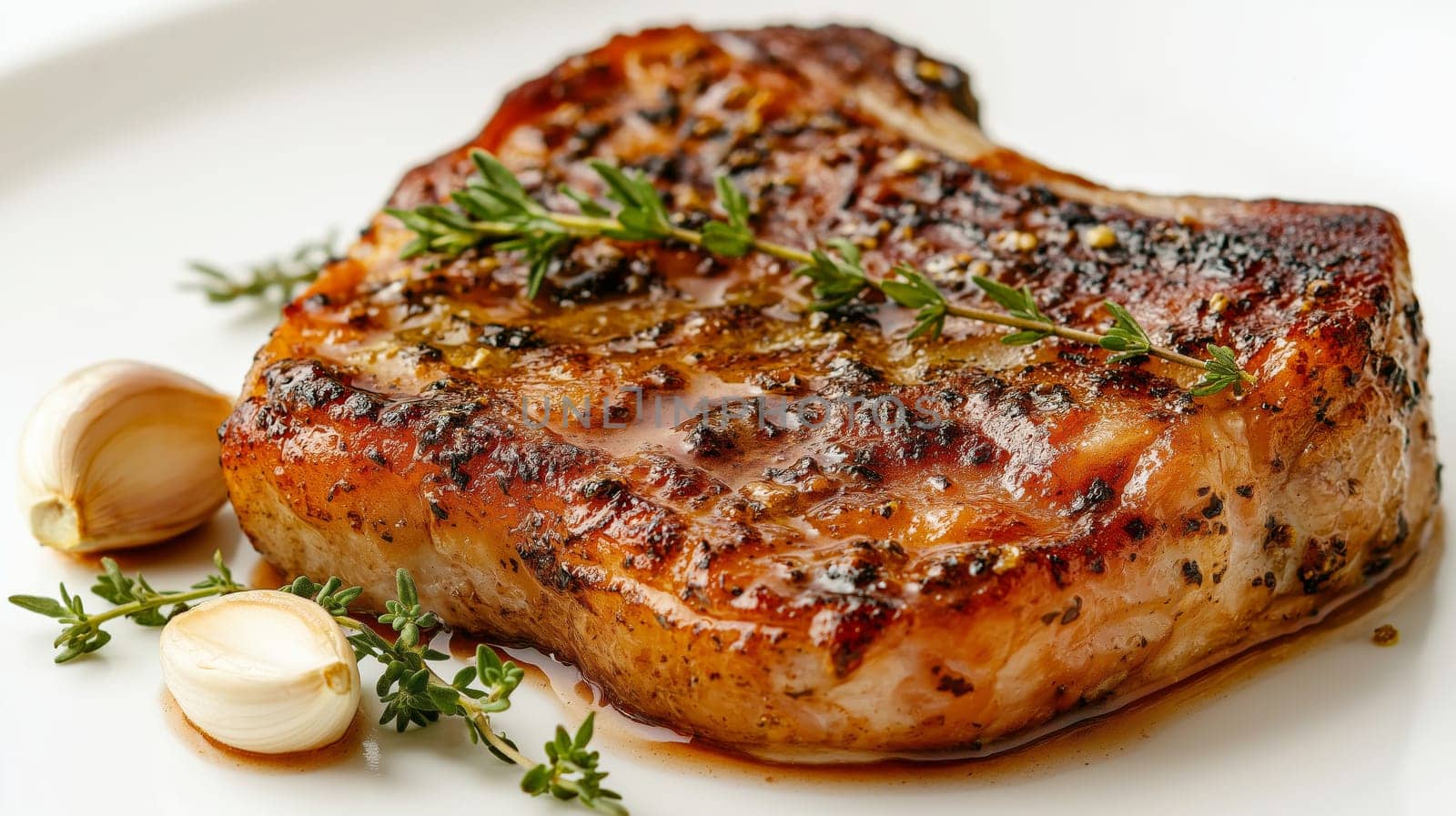 A succulent pork chop garnished with fresh garlic and thyme, isolated on a white background. The rich golden-brown crust and tender center of the meat are accentuated by the vibrant herbs.