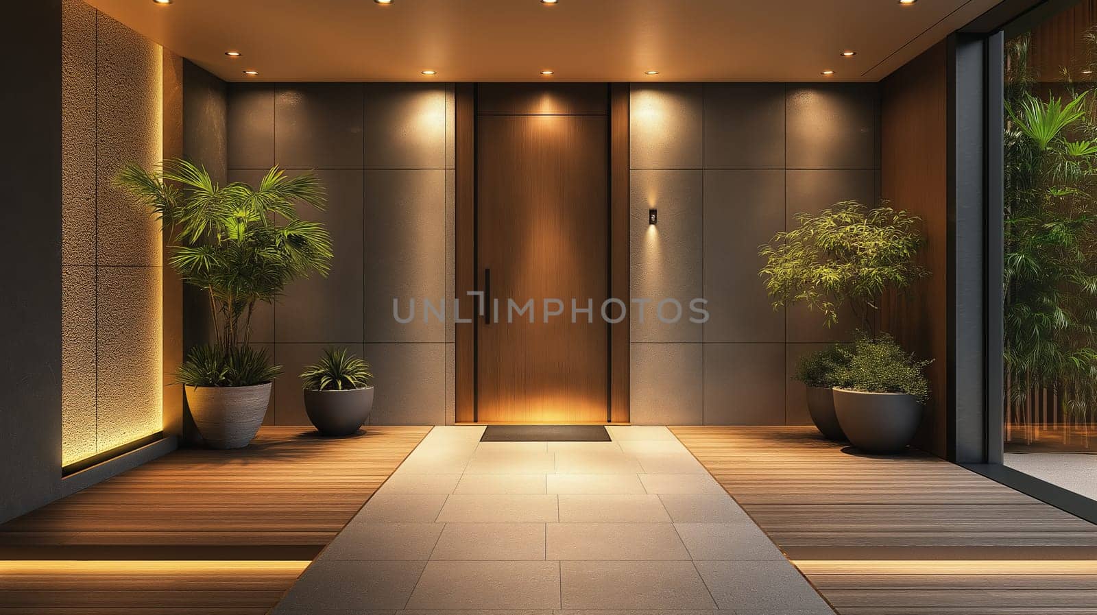 Modern entrance hall with stylish plants and sleek design elements. The entrance hall features elegant wooden flooring, contemporary plants in decorative pots, and a minimalist door surrounded by soft lighting. The decor blends modern aesthetics with comfort.