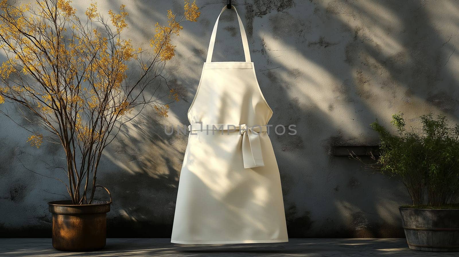 The apron is displayed frontally with cross-back straps, set against a textured wall and surrounded by potted plants showcasing a serene outdoor atmosphere, perfect for culinary creativity.