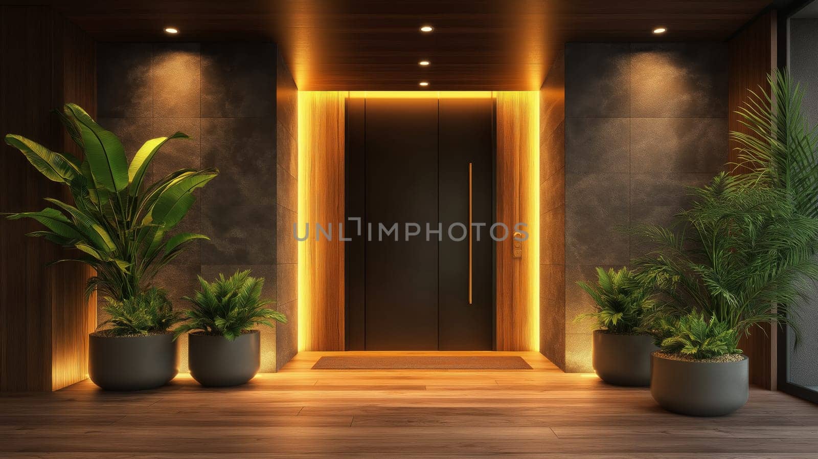 Modern entrance hall with stylish plants and sleek design elements. The entrance hall features elegant wooden flooring, contemporary plants in decorative pots, and a minimalist door surrounded by soft lighting. The decor blends modern aesthetics with comfort.