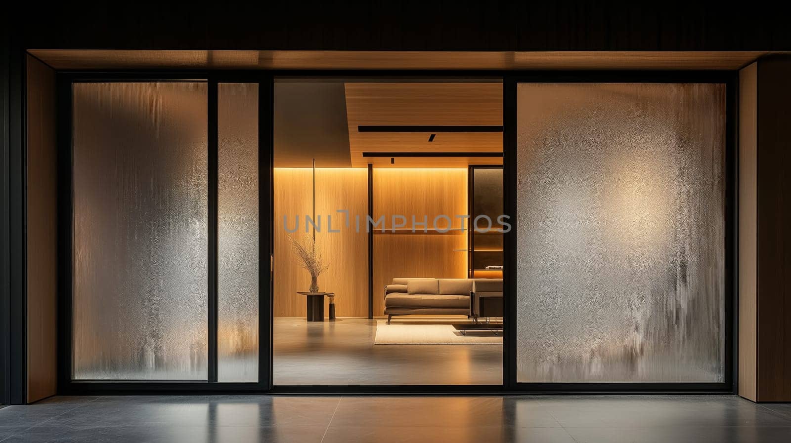 A modern glass door with frosted panels, set in a stylish urban apartment hallway. The door is partially open, offering a view of the dimly lit living room with minimalist furniture.