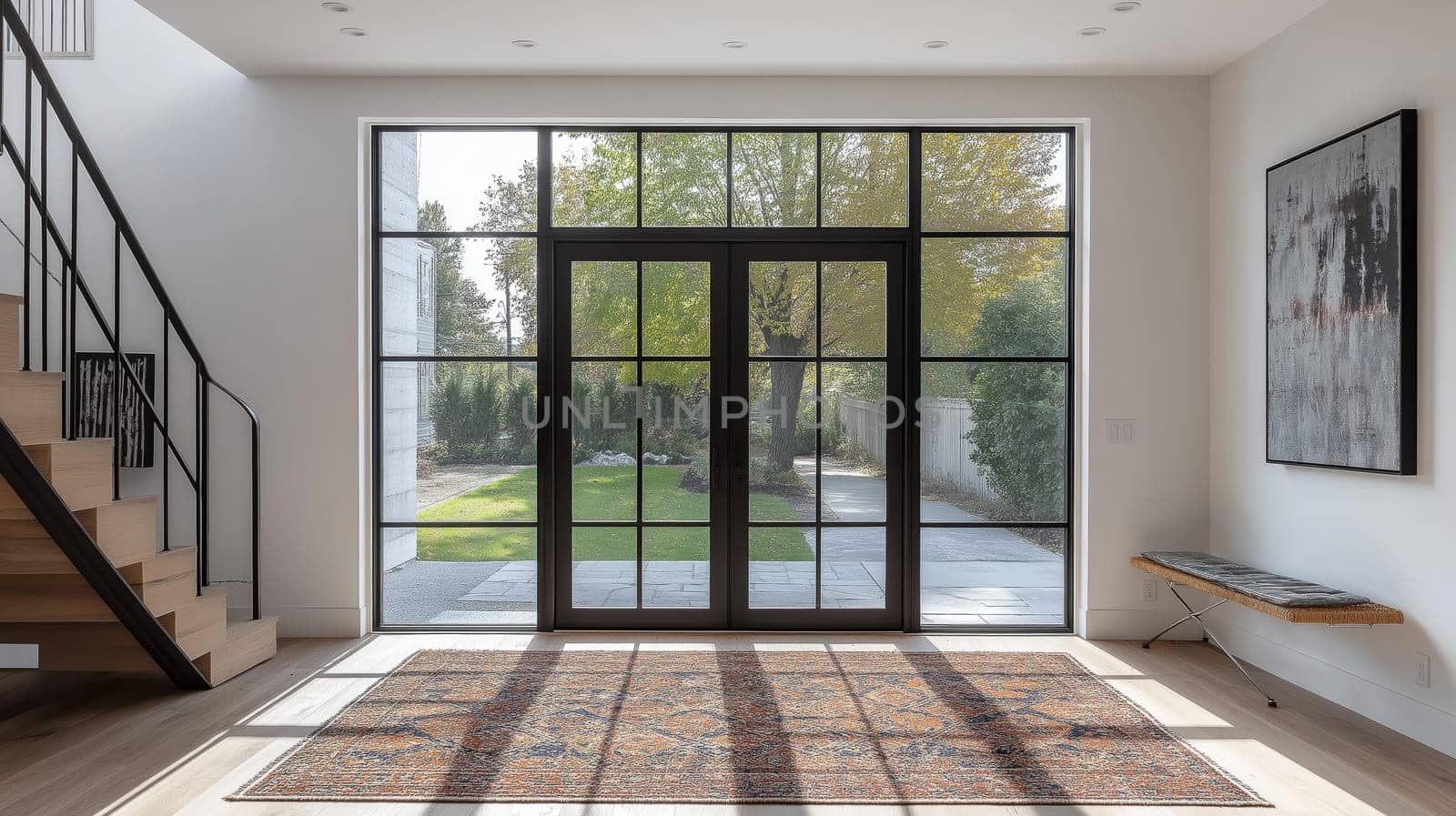 A modern entryway with a large glass door framed by a simple black metal frame. The glass door allows natural light to flood the hallway, highlighting the white walls and light oak hardwood floor.
