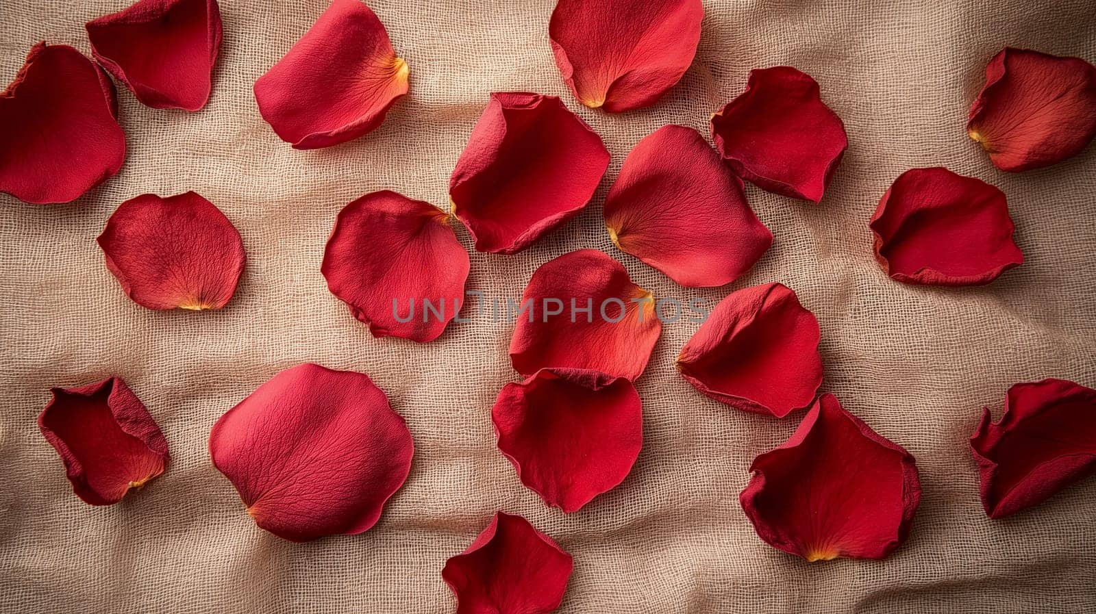 Vibrant red rose petals are artfully scattered on a soft, beige fabric. The rich colors create a romantic and elegant atmosphere, perfect for special occasions or celebrations.