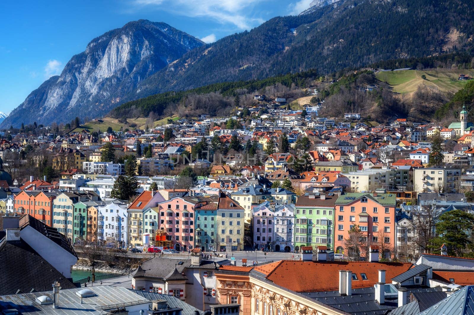 Aerial view of the city Innsbruck and the alps
