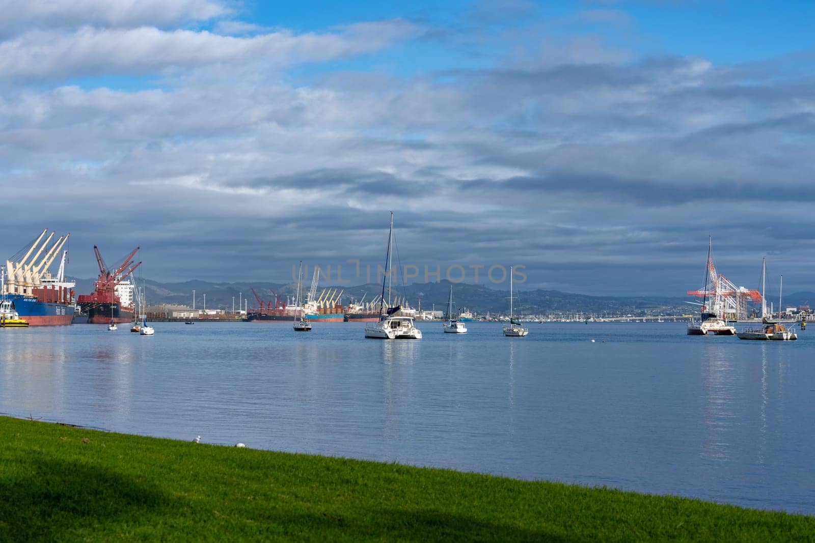 Tauranga New Zealand - June 26 2023; View from Pilot Bay of both sides of Port of Tauranga facilities and boats in harbour