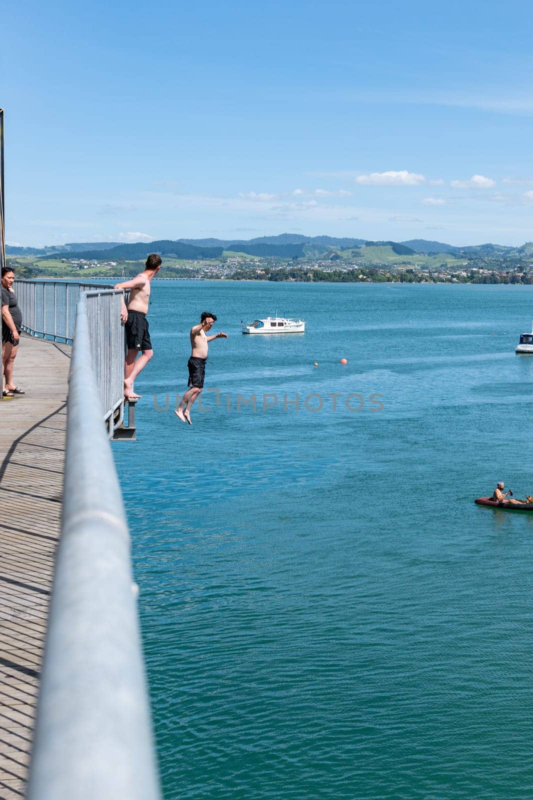 Tauranga New Zealand - December 6 2020; Jumping from historic steel truss Tauranga Railway bridge in harbour below.