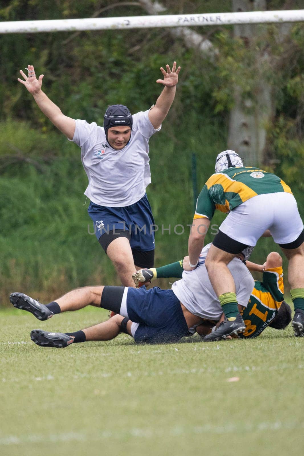 3 may 2025, lisbon. Portugal - oeiras vs ag - rugby player scoring and celebrating with arms raised, while other players tackle each other during a match
