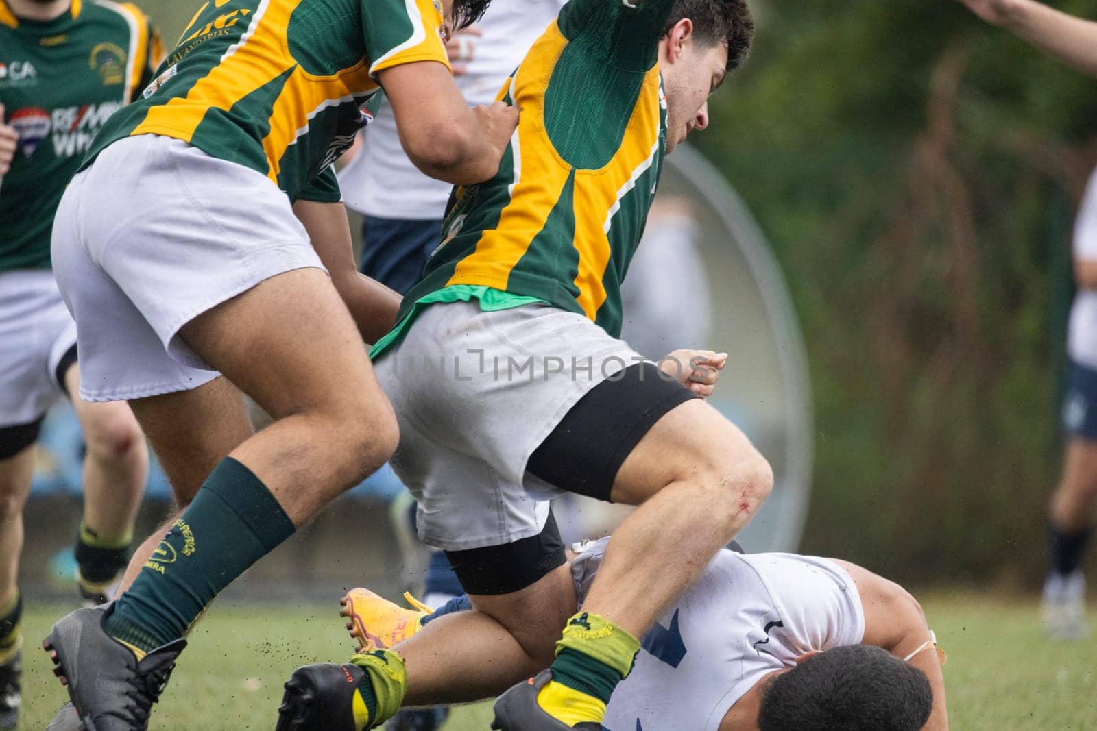 3 may 2025, lisbon. Portugal - oeiras vs ag - intense action during a rugby game as players fiercely compete for possession of the ball