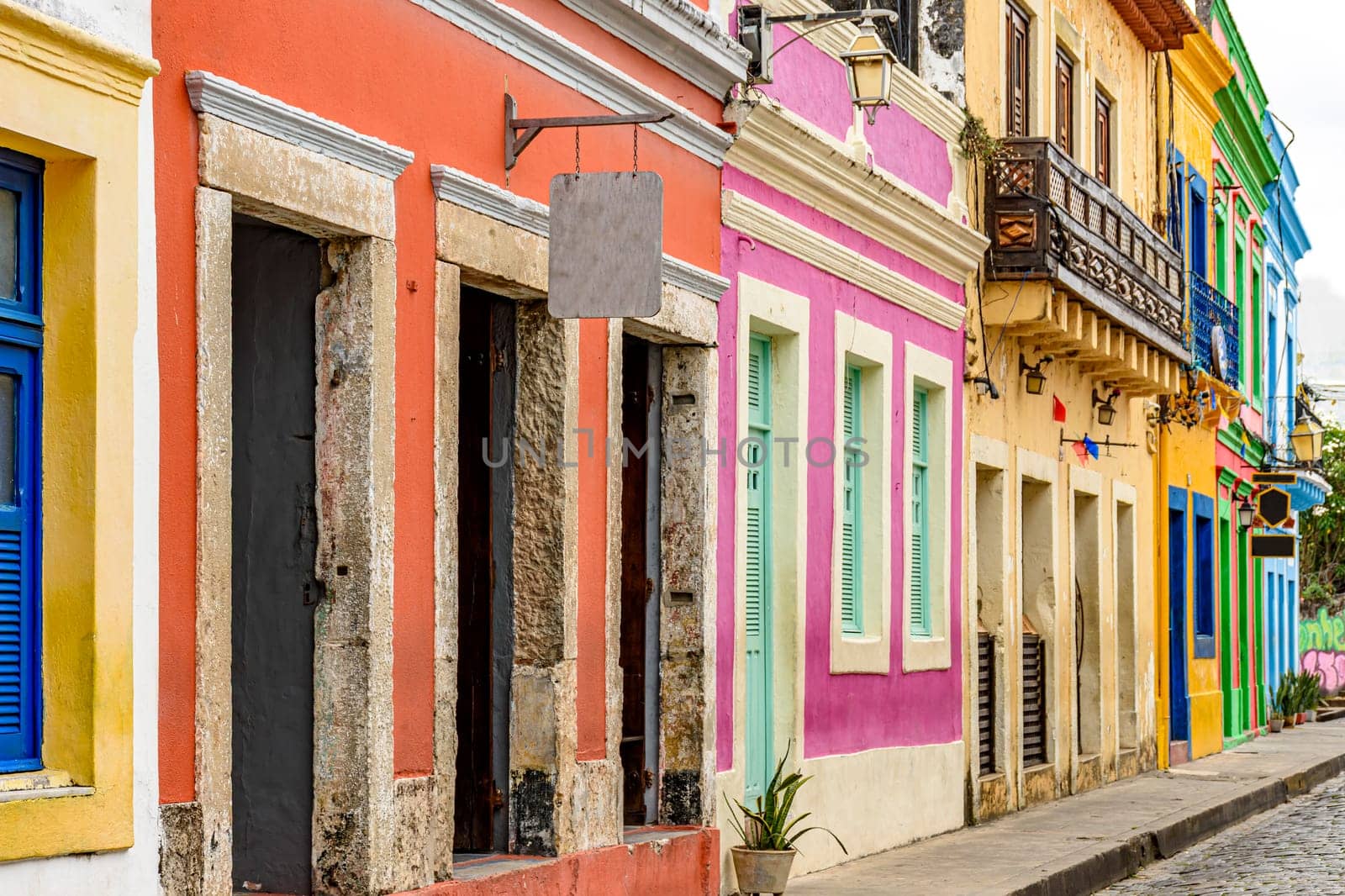 Old colorful colonial style houses on the streets of the historic city of Olinda in Pernambuco