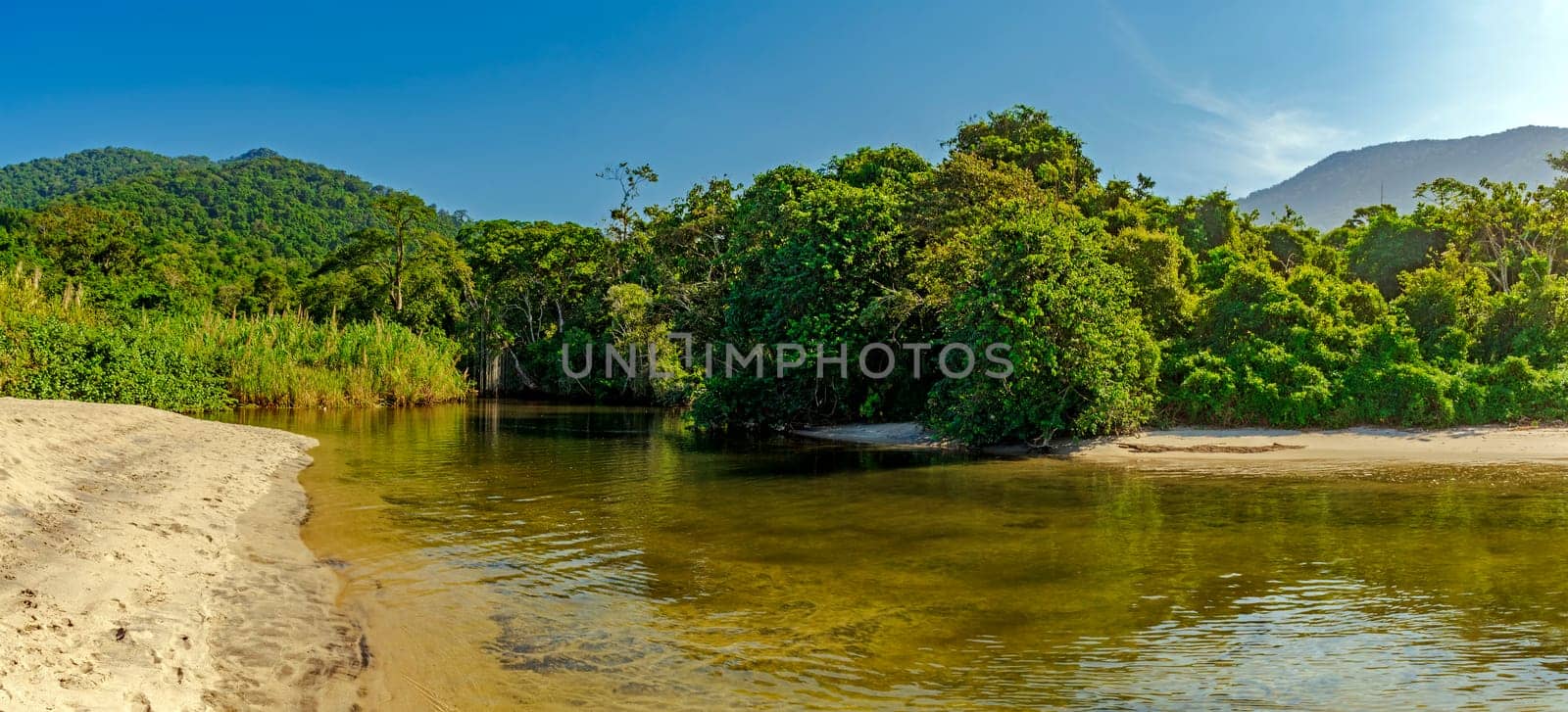 River through the rainforest flowing into Castelhaos beach on Ilhabela island in Sao Paulo