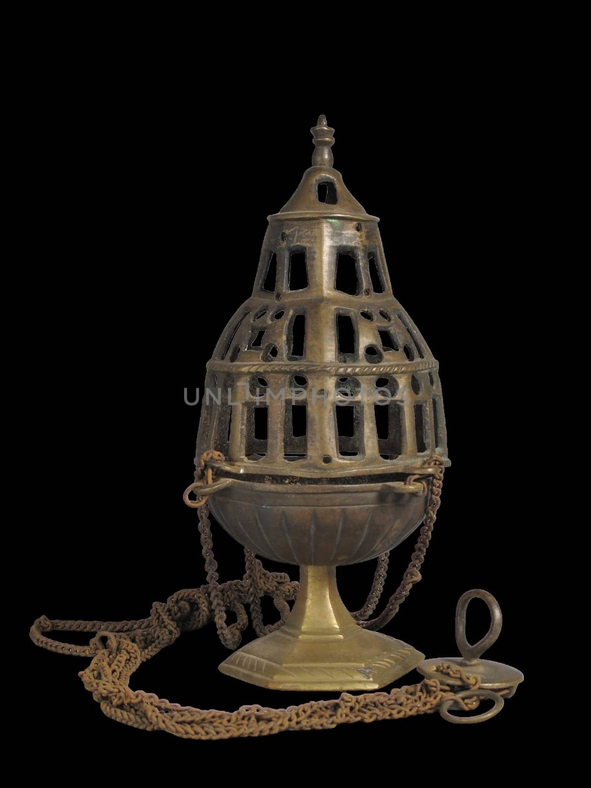 Ornate 16th-century censer from the South Netherlands. Crafted from metal with an openwork cage design, chains, and a base. Represents historical religious or ceremonial objects.